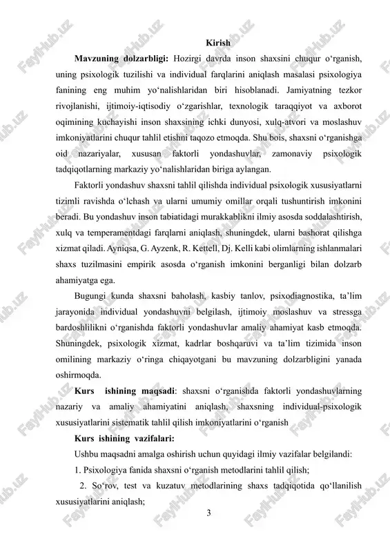 g.b.shoumarov, sh.r. baratov, b.rdodirov, r.z.gaynutdinov, v.m.karimova, n.a.sog‘inovlarning ta’lim sohasini isloh bo‘yicha fikr va nazariyalari tadqiqotimizning metodologik negizidir. kurs ishining tuzilishi va xajmi: kirish, 2 bob, 4 bo‘lim, xulosa, foydalanilgan adabiyotlardan iborat. i bob shaxsni o‘rganishda psixologik metodlar 1.1 psixologiya fanining asosiy metodlari. an’anaviy ravishda tadqiqot metodlari asosiy va yordamchi metodlarga ajratiladi. asosiy metodlar - kuzatish va eksperiment - bola taraqqiyoti haqida ishonchli ma’lumot bera oladi. yordamchi metodlar - test, so‘rov, faoliyat mahsullarini o‘rganish - tasvirlovchi ma’lumot berib, bu ma’lumot asosida faqatgina taxminlarni ilgari surish mumkinbo‘ladi. umuman, psixologiyada inson psixikasini tadqiq qilish metodlarining turli tasnifi mavjud. shular to‘g‘risida umumiy psixologiya kursida keng ma’lumotlar berilgan. bolalar psixologiya fani ham psixologiyaning boshqa sohalari singari o‘ziga xos ilmiy tadqiqot metodlariga ega. quyida rus psixologi b.g.ananevni tavsiya qilgan klassifikatsiyasiga asoslangan holda mazkur metodlarning xususiyatlarini yoritishga harakat qilingan.[footnoteref:1] [1: u.fayziyeva, n.jumayev umumiy psixologiya buxoro 2021] psixologiyaning asosiy metodlari. asosiy metodlar asosiy metodlarning turlari kuzatish metodi tashqi …