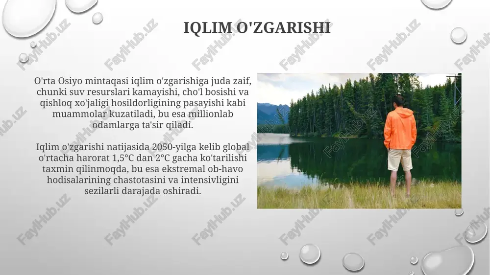 dalanish suv resurslarining 70% dan ortig'i qishloq xo'jaligida ishlatiladi, ammo suvni tejaydigan sug'orish tizimlarini qo'llash suv iste'molini 20-30% ga kamaytirishi mumkin. o'rmonlarning 1 gektaridan o'rtacha 10-15 tonna yog'och hosil bo'ladi, lekin noqonuniy kesish bu ko'rsatkichni sezilarli darajada kamaytiradi va ekologik muvozanatni buzadi. tabiatni asrashga oid qonunlar tabiatni muhofaza qilish toʻgʻrisidagi qonunlar, 1992-yilda qabul qilingan, 10 dan ortiq boʻlim va 50 dan ziyod moddalarni oʻz ichiga oladi, bioxilma-xillikni saqlashga alohida e’tibor qaratadi. "qizil kitob"ga kiritilgan 200 dan ortiq noyob va yoʻqolib borayotgan oʻsimlik va hayvon turlarining muhofazasi uchun maxsus choralar koʻrilgan, ularning ovlanishi qatʼiyan man etiladi. o'rmonlarni muhofaza qilish o'rmonlarning 30% dan ortig'i bioxilma-xillikni saqlashga muhim hissa qo'shadi va 2000 dan ortiq noyob o'simlik va hayvon turlarining yashash joyidir. o'rmonlarni muhofaza qilish orqali karbon dioksid gazining 1 tonnagacha so'rilishi ta'minlanadi va global isishning oldini olishga yordam beradi. inson va tabiat o'rtasidagi munosabatlar insonning tabiatga ta'siri 19-asrning sanoat inqilobidan keyin keskin oshdi, …