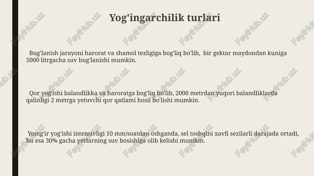 tavsiflanadi, bu jarayon atmosfera bosimi o'zgarishiga bog'liq. kondensatsiya jarayoni uchun zarur bo'lgan yadro sifatida chang zarralari, tuz kristallari yoki polen kabi aerozollar 10 mikrometrdan kichik bo'lishi mumkin. inson faoliyatining ta'siri inson faoliyati tufayli yillik 5000 kub kilometrdan ortiq yer osti suvlari qazib olinadi, bu yer osti suv zahiralarining kamayishiga va yer yuzasining cho'kishiga olib keladi. o'rmonlarning kesilishi tuproq eroziyasini 30% ga oshiradi, bu esa yomg'ir suvlarining to'g'ridan-to'g'ri daryolarga oqib ketishiga va suvning ifloslanishiga sabab bo'ladi. sanoat korxonalaridan chiqadigan ifloslangan suvlarning daryo va ko'llarga quyilishi suv havzalarining 70% gacha ifloslanishiga, suv organizmlarining nobud bo'lishiga olib kelmoqda. suv havzalari suv havzalari, yillik yog'ingarchilikning 30% gacha qismini to'playdi va bu suvning bir qismi bug'lanish orqali atmosfera qaytadi, suv aylanishini davom ettiradi. suv havzalari, turli xil ekosistemalarni qo'llab-quvvatlaydi, unda 230 mingdan ortiq turdagi suv o'simliklari va hayvonlari yashaydi, bu esa bioxilma-xillikni saqlashda muhim rol o'ynaydi. suv havzalari, yer yuzasining taxminan 71%ini egallab, hajmi jihatidan …