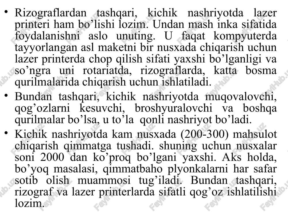 rakli joyga ko’chiriladi, so’ngra sichqoncha kknopkasi qo’yib yuboriladi. matnni sahifaga joylashtirish (flow). page maker dasturida katalog va fayllar bilan ishlaydi. fayl nomi. pub kengaytmasi bilan yoziladi. misol uchun: sample1.pub. boshqa katalogga o’tish uchun sichqoncha yordamida ko’rsatkichni muloqot darchasidagi "|" belgisi ustiga keltirib va sichqoncha chap knopkasini ikki marta bosiladi. chap darchada kataloglar ro’yhati paydo bo’ladi. kerakli katalog nomini tanlab sichqoncha knopkasini ikki marta bosiladi. nashriyot tizimlarining asosiy vazifasi nashrni tayyorlashda tez takrorlanuvchi operatsiyalarni iloji boricha ko’proq avtomatlashtirishdir. uning afzalligi esa, bu nashr sahifasi va uning umumiy ko’rinishini tayyorlashdagi qulaylik va o’zgartirishlar kiritishning osonligi, hamda vaqt tejalishidir. nashr sahifasining umumiy ko’rinishini tayyorlashda shaxsiy kompyuterdan foydalanish maqsadga muvofiqdir. asl nusxa maketini bosib chiqarish uchun esa lazerli printerdan foydalanish ma’quldir. matn va suratlar kompyuter xotirasiga iloji boricha oldinroq kiritilgan bo’lishi kerak. nashr elementlarini kompyuterda saqlashning asosiy afzalligi shundaki, matnni to’g’ridan-to’g’ri harf terish qurilmasiga berish mumkin, matn bilan suratlarni mos joyga qo’lda joylashtirishga ehtiyoj …