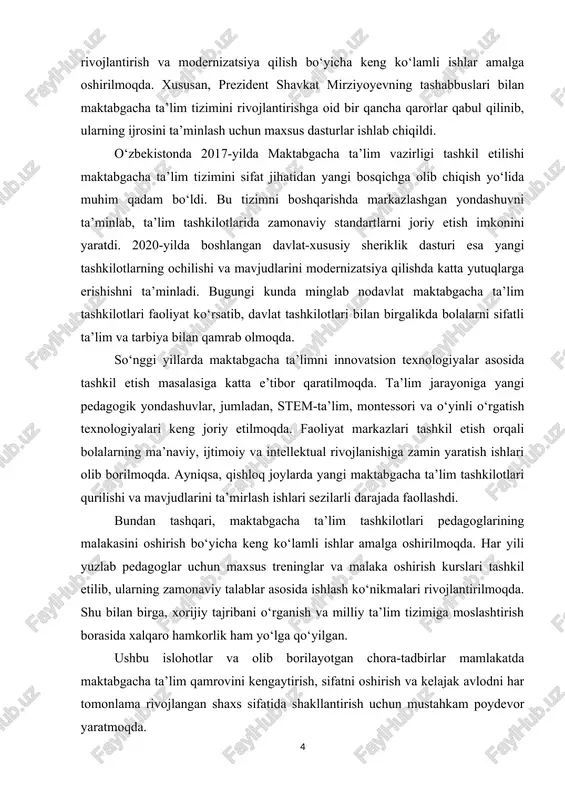 biya bilan qamrab olmoqda. so‘nggi yillarda maktabgacha ta’limni innovatsion texnologiyalar asosida tashkil etish masalasiga katta e’tibor qaratilmoqda. ta’lim jarayoniga yangi pedagogik yondashuvlar, jumladan, stem-ta’lim, montessori va o‘yinli o‘rgatish texnologiyalari keng joriy etilmoqda. faoliyat markazlari tashkil etish orqali bolalarning ma’naviy, ijtimoiy va intellektual rivojlanishiga zamin yaratish ishlari olib borilmoqda. ayniqsa, qishloq joylarda yangi maktabgacha ta’lim tashkilotlari qurilishi va mavjudlarini ta’mirlash ishlari sezilarli darajada faollashdi. bundan tashqari, maktabgacha ta’lim tashkilotlari pedagoglarining malakasini oshirish bo‘yicha keng ko‘lamli ishlar amalga oshirilmoqda. har yili yuzlab pedagoglar uchun maxsus treninglar va malaka oshirish kurslari tashkil etilib, ularning zamonaviy talablar asosida ishlash ko‘nikmalari rivojlantirilmoqda. shu bilan birga, xorijiy tajribani o‘rganish va milliy ta’lim tizimiga moslashtirish borasida xalqaro hamkorlik ham yo‘lga qo‘yilgan. ushbu islohotlar va olib borilayotgan chora-tadbirlar mamlakatda maktabgacha ta’lim qamrovini kengaytirish, sifatni oshirish va kelajak avlodni har tomonlama rivojlangan shaxs sifatida shakllantirish uchun mustahkam poydevor yaratmoqda. malaka ishining maqsadi: maktabgacha ta’lim tashkilotlarida faoliyat markazlarini tashkil etish …