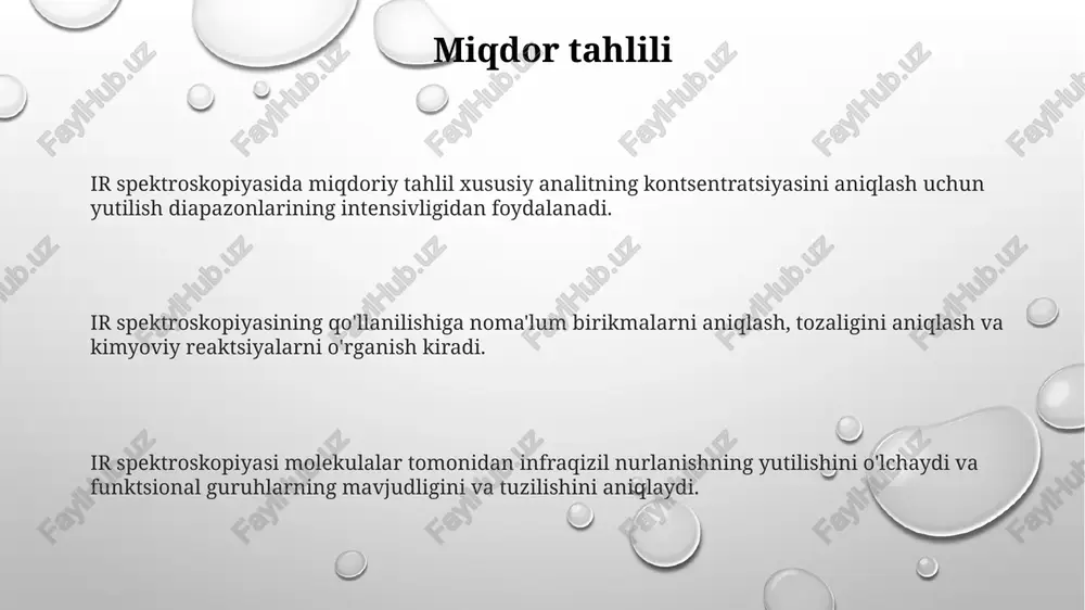ejimlarini o'rganish uchun infraqizil nurdan foydalanadigan usul. ftir va ir spektroskopiyasi: kimyoviy tuzilmalarni tahlil qilish, birikmalarni aniqlash va molekulyar o'zaro ta'sirlarni o'rganishda muhim ahamiyatga ega. ftir spektrometr: molekulalarni o'ziga xos tebranish naqshlari asosida tahlil qilish va aniqlash uchun infraqizil nurdan foydalanadigan qurilma. tuzilmani aniqlash molekulalarda funktsional guruhlar va bog'lanish turlarini aniqlash. molekulalarning tebranish rejimlarini tahlil qilish. atom strukturasini va joylashuvini aniqlash. dipole momenti infraqizil spektroskopiyasi: molekuladagi funktsional guruhlarni aniqlash va miqdorini aniqlash uchun infraqizil nurdan foydalanadigan usul. dipol momenti va ir spektroskopiyasi: dipol momentiga ega bo'lgan molekulalar ma'lum chastotalarda infraqizil nurlanishni yutadi, bu ularning tuzilishi haqida ma'lumot beradi. dipole momenti: molekuladagi musbat va manfiy zaryadlarning ajralishini o'lchash. molekulyar tebranishlar yutiladigan radiatsiyaning aniq chastotalari molekulaning tuzilishiga xosdir va ularni aniqlash va tahlil qilish uchun ishlatilishi mumkin. infraqizil spektroskopiya molekulalar tomonidan infraqizil nurlanishning yutilishini o'lchaydi, bu esa ularning tebranishini qo'zg'atadi. molekulalar tebranishlari molekula ichidagi atomlarni kvantlangan harakatidir. funksional guruh tahlili infraqizil spektroskopiyasi: …