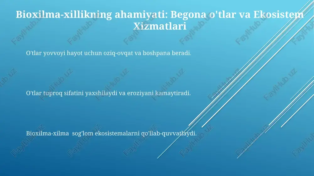 oldini oladi. o'tlarga bo'lgan qarashlarning o'zgarishi ular yovvoyi hayot uchun yashash joyi va oziq-ovqat ta'minlaydi, tuproq salomatligini yaxshilaydi va hatto atrof-muhit sharoitlarining tabiiy ko'rsatkichlari sifatida ham xizmat qilishi mumkin. o'tlar ko'pincha noto'g'ri tushuniladi va zararkunanda sifatida qaraladi, lekin ular ekosistemalarda muhim rol o'ynaydi. o'tlarga bo'lgan qarashimizni o'zgartirish ularning ekologik ahamiyatini qadrlashga va ularni barqaror boshqarishga imkon beradi. kelajakda o'tlarni o'rganish iqlimshunoslik o'zgarishlarining begona o'tlar tarqalishi va evolyutsiyasiga ta'siri. o'tlar tomonidan ta'minlanadigan ekosistema xizmatlari va ularning bioxilma-xillikdagi roli. barqaror qishloq xo'jaligi uchun begona o'tlarga qarshi kurash strategiyasi. o'tlar va inson salomatligi ba'zi begona o'tlar yeyiladi va ozuqaviy foyda keltirishi mumkin. o'tlar qimmatli dorivor moddalar manbai bo'lishi mumkin. o'tlar qimmatli dorivor moddalar manbai bo'lishi mumkin. tuproqni yaxshilashda begona o'tlarning roli. o't ildizlari siqilgan tuproqni buzib, havoni va suvning o'tishiga yordam beradi. ba'zi begona o'tlar zararkunandalarni nazorat qilishga yordam beradigan foydali hasharotlarni jalb qiladi. begonalar tuproqqa organik moddalar qo'shadi, uning tuzilishi va unumdorligini …