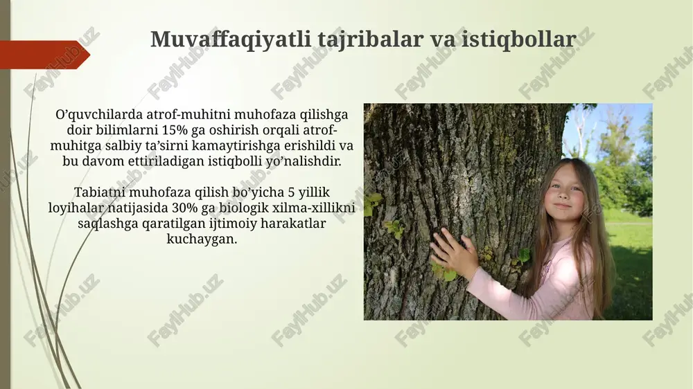lashni o'z ichiga oladi, bu esa atrof-muhitga bo'lgan mas'uliyat hissini 3 barobar kuchaytiradi. tabiatni muhofaza qilish ta'limi yoshga moslashtirilgan bo'lishi kerak, masalan, 5-7 yoshdagi bolalar uchun amaliy mashg'ulotlar, 12-15 yoshdagilar uchun esa muammolarni hal qilishga yo'naltirilgan loyihalar qo'llanilishi maqsadga muvofiq. atrof-muhit muammolari va ularning oldini olish o'rmonlarning kesilishi tufayli yiliga 13 million gektardan ortiq yer yuzasining cho'lga aylanishi kuzatilmoqda, shuning uchun o'rmonlarni tiklash va ularni asrash bo'yicha keng ko'lamli dasturlarni amalga oshirish muhimdir. atrof-muhit ifloslanishining 70% dan ortig'i sanoat korxonalarining chiqindilari bilan bog'liq bo'lib, ularning havoga, suvga va tuproqqa zararli ta'sirini kamaytirish uchun qat'iy ekologik standartlarni joriy etish zarur. davlat dasturlari va xalqaro hamkorlik xalqaro hamkorlik doirasida, 2023-yil holatiga ko’ra, 50 dan ortiq mamlakat bilan bioxilma-xillikni saqlash bo’yicha hamkorlik shartnomalari imzolandi va 10 million aqsh dollari miqdorida grantlar ajratildi. unep kabi xalqaro tashkilotlar bilan hamkorlikda 15 ga yaqin atrof-muhitni muhofaza qilishga oid o’quv dasturlari ishlab chiqildi va 5000 dan ortiq …
