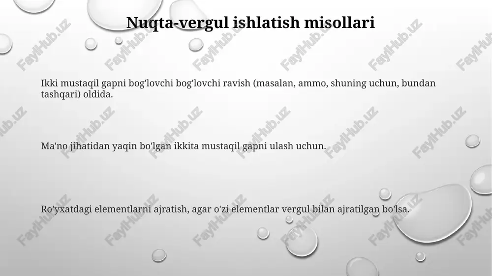 dan nuqta-vergul qo'ying. bir qator ichidagi elementlar vergülli bo'lsa, ularni nuqta vergül bilan ajrating. e'tiboringiz uchun rahmat @taqdimot_robot image1.png image2.png image3.png