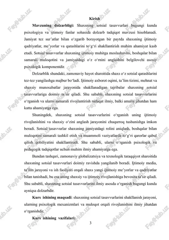 kr -mulohazalari tashkil qildi. shuningdek, muammoga oid xorij va o‘zbek psixologlarining nazariy metodologik ma’lumotlari va g‘oyalari, i.v.dubrovina, x.y. liymets, yu.l.sierd , e.g‘.g‘oziev, m.g.davletshin, g.b.shoumarov, sh.r. baratov, b.rdodirov, r.z.gaynutdinov, v.m.karimova, n.a.sog‘inovlarning ta’lim sohasini isloh bo‘yicha fikr va nazariyalari tadqiqotimizning metodologik negizidir. kurs ishining tuzilishi va xajmi: kirish, 2 bob, 4 bo‘lim, xulosa, foydalanilgan adabiyotlardan iborat. i bob shaxsning ijtimoiy tasavvurlari va ularning shakllanishi 1.1 sotsiallashuv tushunchasi va shaxs rivojlanishidagi ahamiyati bugungi kunda jamiyatimizda olib borilayotgan siyosatning asosiy maqsadlaridan biri - barkamol avlodni tarbiyalashdir. barkamol avlod tarbiyasi uchun mas'ul bo‘lgan kishilar sifatida psixolog mutaxassislarga bugungi mavzu juda dolzarbdir. «sotsiallashuv» atamasini birinchi bo‘lib amerikalik sotsiolog f.g.giddings insonlarga nisbatan qo‘llagan. u o‘zining «ijtimoiylashuv nazariyasi» (1897) kitobida «sotsiallashuv individ tabiati yoki xarakterining rivojlanishi, insonni sotsial hayotga tayyorlashdir», degan fikrni bildiradi. har birimizning jamiyatdagi o‘rnimiz, uning qachon va qanday sharoitlarda paydo bo‘lgani, jamiyatga qo‘shilib yashashimizning psixologik mexanizmlari jarayoni psixologiyada sotsiallashuv yoki sotsializatsiya deb yuritiladi. ijtimoiylashuvga oid …
