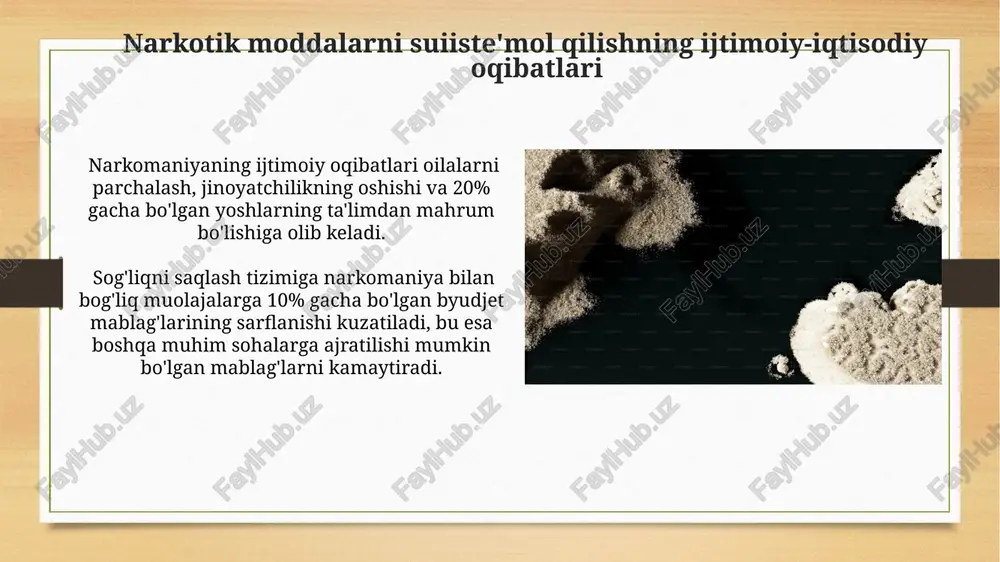 chun individual terapiya, oilaviy terapiya va ijtimoiy qo'llab-quvvatlash xizmatlari muhim hisoblanadi; 80% muvaffaqiyatga erishish uchun qo'llab-quvvatlash guruhlari zarur. narkotik moddalar qaramligiga olib keladigan mexanizmlar uzoq muddatli giyohvandlik miya hujayralarining tuzilishi va funksiyasini o'zgartirib, giyohvand moddalarga bo'lgan ehtiyojni kuchaytiradi va 70% dan ortiq hollarda qaramlikni keltirib chiqaradi. narkotiklar miyaning mukofot tizimiga ta'sir qilib, dopamin kabi neyrotransmitterlarning 2-3 baravar ko'payishiga olib keladi, bu esa kuchli zavqlanish va qaramlikni rivojlanishiga sabab bo'ladi. narkotik moddalarga qaramlikni davolash usullari narkomaniyani davolashda 12 qadamli dastur keng qo‘llaniladi, bu dastur shaxsning o‘ziga xos ehtiyojlarini inobatga olgan holda, psixologik va ijtimoiy reabilitatsiya usullarini o‘z ichiga oladi va muvaffaqiyat darajasi 60% ga yetadi. kognitiv-xulq terapiyasi (kkt) giyohvandlikka chalingan shaxslarga giyohvand moddalarga bo‘lgan xavfli fikrlar va xatti-harakatlarni boshqarishga yordam beradi va davolanishning 80% muvaffaqiyatli bo‘lishiga yordam beradi, lekin yordamning doimiyligi talab qilinadi. narkotik moddalar bilan bog'liq jinoyatchilik o'rta osiyo mamlakatlarida giyohvandlikka qarshi kurashda xalqaro hamkorlikning etishmasligi, korruptsiya va giyohvand moddalar …