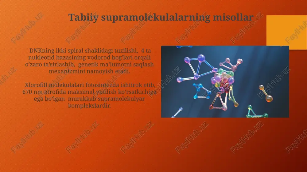 r kimyoning eksperimental usullari nuklear magnit rezonansi (nmr) spektroskopiyasi 1h va 13c yadrolarining kimyoviy siljishlari orqali supramolekulalarning tarkibi va geometriyasini aniqlashga imkon beradi. mass-spektrometriya (ms) usuli supramolekulalarning molekulyar massasini aniqlash va ularning tarkibiy birliklarini aniqlashda qo'llaniladi, bu esa 1000 da dan ortiq bo'lgan murakkab tuzilmalarni tahlil qilishga yordam beradi. sensorlar va diagnostika vositalari magnit rezonans tomografiyasi (mrt) uchun kontrast moddalar sifatida ishlatiladigan supramolekulyar komplekslarning 20 dan ortiq turi klinik sinovlardan o'tgan va saraton kasalligini aniqlashda samaradorligi isbotlangan. elektrokimyoviy biosensorlar, fermentlarni o'z ichiga olgan supramolekulyar tuzilmalar yordamida, qondagi glyukoza miqdorini 5 mmol/l aniqlikda o'lchashga imkon beradi, bu diabet diagnostikasida muhim ahamiyatga ega. supramolekulalarning asosiy turlari supramolekulalarni hosil qilish usullariga qarab, ko'plab turlarga bo'linadi, jumladan, 20 dan ortiq turdagi o'z-o'zidan yig'ilish mexanizmlari va 10 dan ortiq asosiy tarkibiy blok mavjud. metall-organik ramkalar (moflar) kabi supramolekulyar tuzilmalar juda katta sirt maydoniga ega bo'lib, 1 gramm moflarda 1000 m² dan ortiq sirt maydoni bo'lishi …