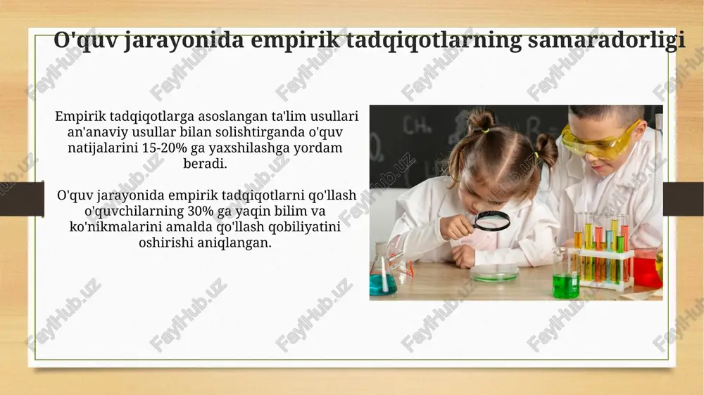ar yordamida taqdim etish, ularning tushunarliligini va tahlilini osonlashtiradi. empirik tadqiqotlarning ta'rifi va ahamiyati ushbu tadqiqotlar yordamida oʻquv jarayonini 3 bosqichga boʻlib tahlil qilish va 10 ta muhim omillarni aniqlash orqali oʻqitish usullarini takomillashtirish mumkin. empirik tadqiqotlar ob’ektiv ma’lumotlarga asoslangan boʻlib, 5 dan ortiq ishtirokchilar bilan oʻtkaziladigan kuzatish, eksperiment va soʻrovnomalar kabi usullarni oʻz ichiga oladi. empirik tadqiqotlarning kelajagi tabiiy fanlar o'qitishida o'quvchilarning empirik tadqiqotlarga faol jalb etilishi natijasida, fanlar bo'yicha 30% ga yaqin o'rtacha bilim darajasi oshishi kuzatiladi. empirik tadqiqotlarning kelajagi, katta ma'lumotlar (big data) tahlili va sun'iy intellekt texnologiyalarining qo'llanilishi orqali tabiiy fanlar o'qitishda yanada samarali va shaxsiylashtirilgan yondashuvlarni ta'minlaydi. tadqiqot natijalarining tarqatilishi va amaliyoti onlayn platformalarda joylashtirilgan 7 ta tadqiqot loyihasining natijalari 1500 dan ziyod ko‘rish soniga ega bo‘lib, ta'lim sifatini yaxshilashga hissa qo‘shdi. jurnal va maqolalar orqali tarqatilgan 10 ta tadqiqot natijasi, o‘rtacha 300 dan ortiq o‘qituvchiga yetdi, yangi pedagogik usullarni qo‘llashga turtki bo‘ldi. o'qituvchilarning empirik …