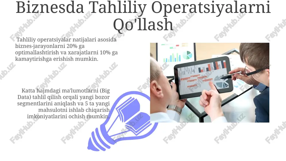 i. operatsion boshqaruvda tahliliy operatsiyalar operatsion boshqaruvda tahliliy operatsiyalar korxona faoliyatining 20% gacha samaradorligini oshirishga, xarajatlarni 15% ga kamaytirishga va mahsulot sifatini 10 ballga yaxshilashga yordam beradi. tahliliy operatsiyalar, regressiya tahlili va klasterlash kabi 5 tadan ortiq statistik usullarni qo'llab, biznes jarayonlarini optimallashtirish va prognozlash imkonini beradi. mashina o'rganish texnologiyalari mashina o'rganish modelllarini yaratish va baholashdagi muhim ko'rsatkichlardan biri – aniqlik (accuracy) bo'lib, u 95% dan yuqori bo'lishi maqsadga muvofiqdir. mashina o'rganishning regressiya va klassifikatsiya kabi 2 ta asosiy turi, prognozlash va ob'ektlarni toifalarga ajratish kabi turli tahliliy operatsiyalarni amalga oshiradi. tahliliy operatsiyalar mazmuni 01 02 tahliliy operatsiyalar ma'lumotlarni 3 asosiy bosqichda – to'plash, qayta ishlash va talqin qilish orqali chuqur tahlil qilishni o'z ichiga oladi, bu esa samarali qarorlar qabul qilishga yordam beradi. sales 1st qtr 2nd qtr 100 0 sales 1st qtr 2nd qtr 100 0 mijozlarni tahlil qilish mijozlarni tahlil qilish jarayonida 30% dan ortiq ma'lumotlarni to'plash …