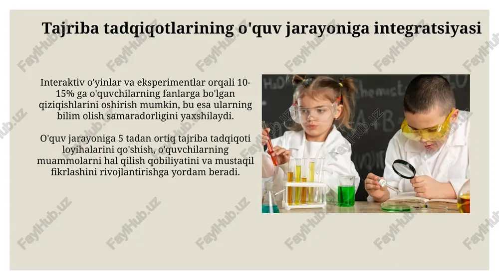 alarni tajriba o'tkazishda qo'llash zamonaviy sensorlar, masalan, 3d akselerometrlar va giroskoplar yordamida olingan aniq ma’lumotlarni tahlil qilish orqali eksperimental xatolarni 10% ga kamaytirish mumkin. virtual va kengaytirilgan reallik texnologiyalari 50 dan ortiq talabaga bir vaqtning o'zida murakkab tajriba jarayonlarini namoyish etish va ularni o'rganish imkoniyatini beradi. tajriba o'tkazish orqali o'quvchilarning bilim va ko'nikmalarini rivojlantirish tajriba o'tkazish jarayonida o'quvchilarning 70% gacha amaliy bilim va ko'nikmalarini rivojlantirish kuzatiladi, nazariy bilimlarni mustahkamlashga yordam beradi. 5-10 ta tajriba o'tkazish orqali o'quvchilarning tabiatshunoslik fanlariga bo'lgan qiziqishini 20% ga oshirish va chuqurroq tushunishga erishish mumkin. xavfsizlik choralari va axloqiy jihatlar tajriba ishlarida 3 dan kam bo'lmagan o'quvchilar guruhi bilan ishlash va ularning xavfsizligini ta'minlash uchun zarur bo'lgan himoya vositalaridan foydalanish majburiy hisoblanadi. biologik materiallar bilan ishlashda 5% li gidroksid eritmasi yoki boshqa mos keladigan dezinfektsiyalovchi vositalardan foydalanish orqali sterillashtirish jarayonini bajarish zarur. e'tiboringiz uchun rahmat @taqdimot_robot image3.jpg image4.jpg image5.jpg image6.jpg image7.jpg image8.jpg image9.jpg image10.jpg image11.jpg image12.jpg …