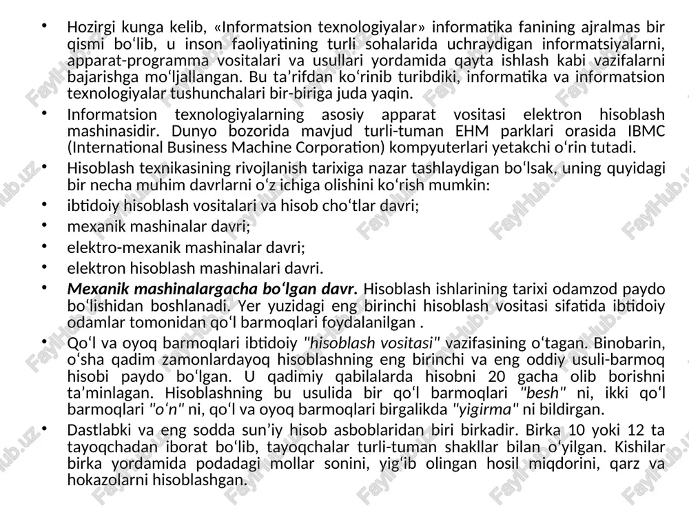 si" vazifasining o‘tagan. binobarin, o‘sha qadim zamonlardayoq hisoblashning eng birinchi va eng oddiy usuli-barmoq hisobi paydo bo‘lgan. u qadimiy qabilalarda hisobni 20 gacha olib borishni ta’minlagan. hisoblashning bu usulida bir qo‘l barmoqlari "besh" ni, ikki qo‘l barmoqlari "o‘n" ni, qo‘l va oyoq barmoqlari birgalikda "yigirma" ni bildirgan. dastlabki va eng sodda sun’iy hisob asboblaridan biri birkadir. birka 10 yoki 12 ta tayoqchadan iborat bo‘lib, tayoqchalar turli-tuman shakllar bilan o‘yilgan. kishilar birka yordamida podadagi mollar sonini, yig‘ib olingan hosil miqdorini, qarz va hokazolarni hisoblashgan. hisoblash ishlarining murakkablashuvi esa yangi hisoblash asboblari va usullarini izlashni taqozo etardi. ana shunday ehtiyoj tufayli vujudga kelgan va ko‘rinishidan xozirgi cho‘tni eslatuvchi abak asbobi hisoblash ishlarini birmuncha osonlashtirdi. dastlabki hisob asboblaridan yana biri raqamlar yozilgan bir qancha tayoqchalardan iborat bo‘lib, shotlandiyalik matematik jon neper nomi bilan atalgan. neper tayoqchalari yordamida qo‘shish, ayirish va ko‘paytirish amallari bajarilgan. keyinroq bu asbob ancha takomillashtiriladi va nihoyat logarifmik chizg‘ich yaratilishiga …