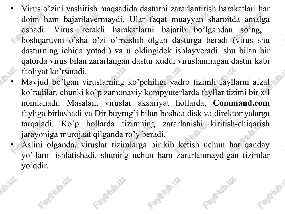 i zararlanishi kerak bo’lgan obhektga joylash; obhektni virus nusxasiga almashtirish. almashtirilayotgan obhekt, qoidaga ko’ra nomi o’zgartiriladi. birinchi usul viruslarga xos, ikkinchisi esa ko’pincha troyan va chervlar tomonidan qo’llaniladi. kompyuter virusi qanday namoyon bo’ladi kompyuter zararlanganda, bir qancha g’aroyib hodi-salar yuz beradi: bahzi bir dasturlar ishlamaydi yoki yomon ishlay boshlaydi; ekranga boshqa xabarlar yoki belgilar chiqa boshlaydi; kompyuter ishlashi sekinlashadi; bahzi bir fayllar buziladi yoki ularning hajmi ortiqcha har xil yozuvlarni qo’shish hisobiga o’zgaradi, kattalashadi; tezkor xotiraning bo’sh joyi qisqaradi; tizimli disketadan dasturlarni yuklash qiyinlashadi yoki umuman yuklanmaydi va h.k. shuni ta’kidlash kerakki, dasturlar va hujjatlar matnlari, berilganlar bazasining axborot fayllari, jadvallar va boshqa shunga o’xshash fayllar zararlanmaydi. ular faqat buzilishi mumkin. yuklanish(boot) viruslari bahzida disketadan hech narsa ko’chirmasdan ham, undan qandaydir dasturni yuklamay turib virus bilan zararlanish mumkin. masalan, stone yoki mars kabi viruslar mavjudki, ular kompyuterni yoqishingiz bilan yoki qayta yuklanganingizda, ichida disketa qolib ketgan bo’lsa, zarar yetkazishi aniq. …