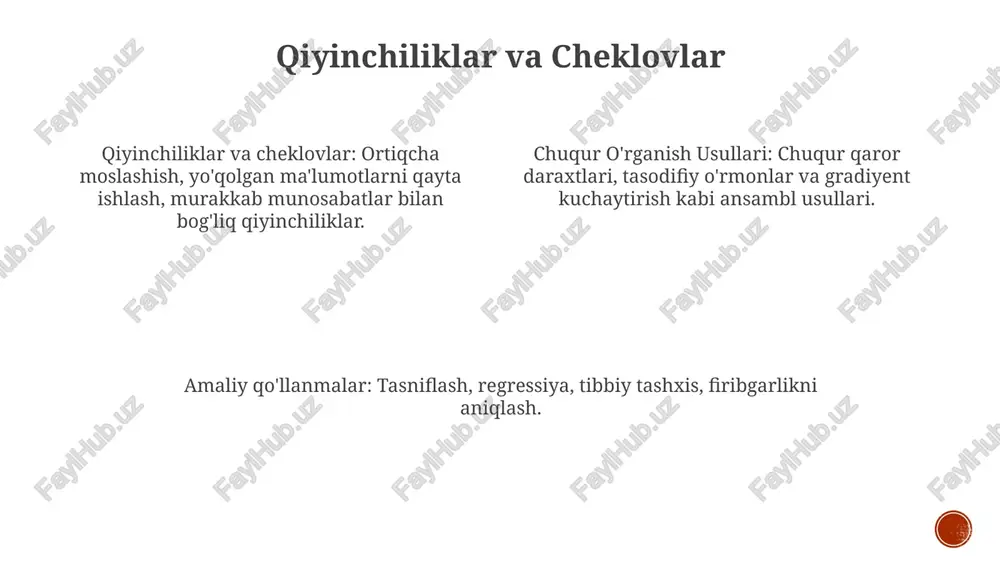 hiradi. qaror daraxti o'qitish: klassifikatsiya yoki regressiya uchun daraxtga o'xshash tuzilma yaratish uchun xususiyatlarga asoslanib ma'lumotlarni bo'lishni o'z ichiga oladi. holat tahlillari: muvaffaqiyat hikoyalari tadqiqotlar qo'llanilgan chuqur o'rganish usullariga chuqur sho'ng'iydi va qaror daraxtini amalga oshirishning texnik jihatlari haqida tushunchalar beradi. qisqacha javob: case studies qiyin muammolarni hal qilish uchun qaror daraxtlarining haqiqiy dunyo ilovalarini ko'rsatadi. bu misollarda qaror daraxtlari turli sohalarda samarali bashoratlar va qarorlar qabul qilish uchun qanday ishlatilishi ko'rsatilgan. e'tiboringiz uchun rahmat @taqdimot_robot image1.png image2.png image3.png image4.png image5.png image6.png