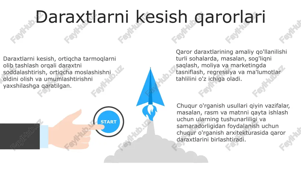 aridan foydalanadilar. amaliy qoʻllanmalar: tibbiy tashxis qoʻyish, mijozlarni segmentatsiya qilish va moliyaviy xavflarni baholash kabi turli sohalarda qoʻllaniladi. xulosa va kelajakdagi yo'nalishlar qaror daraxtlari tibbiy tashxis qo'yish, moliyaviy prognozlash va mijozlarni segmentlash kabi turli xil amaliy dasturlarda keng qo'llaniladi. kelajakdagi tadqiqot yo'nalishlari qaror daraxtlarining tushunarliligini yaxshilash va murakkab ma'lumotlar to'plamlarini qayta ishlash usullarini ishlab chiqishni o'z ichiga oladi. chuqur o'rganish usullari qaror daraxtlarining samaradorligini, ayniqsa katta hajmdagi ma'lumotlar to'plamlari uchun oshirish uchun ishlatilishi mumkin. 06 05 04 03 02 qaror daraxtlarini qurish 01 02 qaror daraxtlarini qurish: ma'lumotlarga asoslangan natijalarni bashorat qilish uchun oqim diagrammasi kabi model yaratish. amaliy qo'llanilishlar: sog'liqni saqlash, moliya va marketing kabi turli sohalarda tasniflash va bashorat qilish uchun ishlatiladi. 03 chuqur o'rganish usullari: qaror daraxtlarini neyron tarmoqlari bilan birlashtirish orqali kuchli, murakkab modellarni yaratish. mashina ta'limi da qaror daraxtlari qaror daraxtlari ma'lumotlarni xususiyatlarga asoslangan holda kichik to'plamlarga ajratib tasniflaydi. chuqur o'rganish tasvirni tanib olish va …