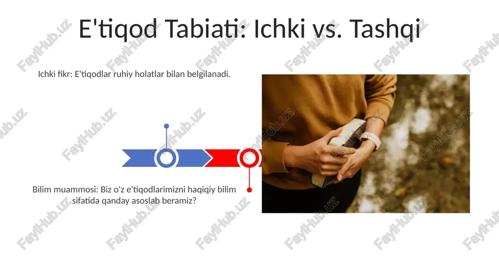 am muhimligini ta'kidlaydi. asosiy masalalar gettier muammosi, bu bilimlarning an'anaviy ta'riflarini shubha ostiga qo'yadi va asoslashning mohiyatini o'z ichiga oladi. ma'lumot asri axborotning muammosi texnologiya va ma'lumotlarning ortib borishi an'anaviy epistemologik muammolarni murakkablashtirdi. ma'lumotlarning juda ko'pligi haqiqatni yolg'ondan ajratishni qiyinlashtiradi. e'tiboringiz uchun rahmat @taqdimot_robot image4.jpg image5.jpg image6.jpg image7.jpg image8.jpg image9.jpg image10.jpg image11.jpg image12.jpg image13.jpg image14.jpg image15.jpg image16.jpg image17.jpg image3.png image18.jpg image1.jpeg image2.jpeg