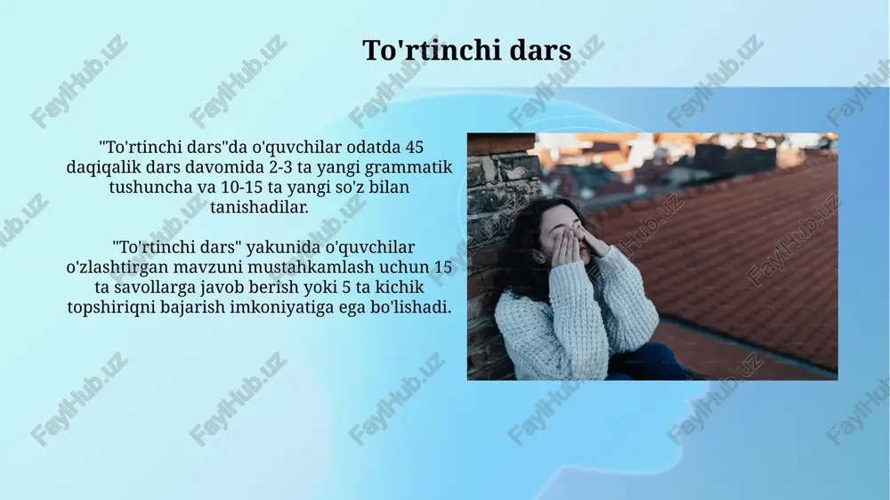 haqida suhbatlashadilar. tong sahar uyg'onish tong sahar uyg'onish, taxminan 7:00 gacha bo'lgan vaqt oralig'ida, miyaning konsentrasiyasi va xotira qobiliyatini oshirishda muhim rol o'ynaydigan kortizol gormonining yuqori darajasini ta'minlaydi. tong sahar uyg'onish, kun davomida 8-10 soatlik uyqu siklining 3-4 soatligini qisqartirish hisobiga, biologik soatga mos keladigan energiya darajasini oshiradi. ikkinchi dars ikkinchi darsdagi o‘quv yuklamasi taxminan 1000 so‘z miqdoridagi yangi materialni o‘zlashtirishni va 5-7 ta mustaqil topshiriqni bajarishni o‘z ichiga oladi. ikkinchi darsda o‘quvchilar, odatda, 2-3 ta fan bo‘yicha 45 daqiqalik 2 ta darsga ega bo‘lib, jumladan, matematikadan amaliy masalalarni yechishga bag‘ishlangan vaqt ajratiladi. uchunchi dars uchunchi darsda ko'pincha murakkab mavzulardan biri, masalan, matematikada murakkab tenglamalar yoki adabiyotda chuqurroq tahlil talab qiladigan asarlar o'tiladi. uchunchi darsdan keyin kichik tanaffus bo'ladi, bu vaqt taxminan 10-15 minutni tashkil etib, o'quvchilar dam olish va keyingi darsga tayyorgarlik ko'rishlari uchun etarli vaqt beradi. dam olish vaqti aktiv dam olish, masalan, sport bilan shug'ullanish, faqat 25% …