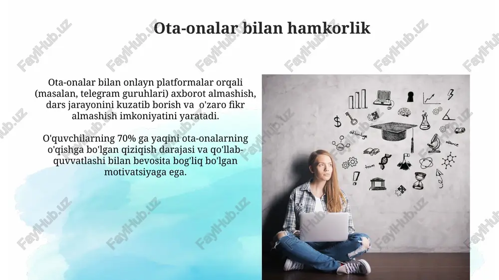 texnologiyalarni qo'llash, masalan, simulyatsiyalar yoki o'yinlar orqali, o'quv jarayonini 30% ga qiziqarli va samarali qilish mumkin. talabalar o'rtasida hamkorlik va raqobat muhitini yaratish, guruhlardagi ishlar sonini 2-3 barobarga oshirish orqali, individual motivatsiyani va umumiy yutuqlarni sezilarli darajada yaxshilashi mumkin. muvaffaqiyatga erishish uchun qo'llab-quvvatlash o'quv jarayoniga o'yin elementlarini, guruhdagi ishlarni va raqobatlashuvchi topshiriqlarni qo'shish, talabalarning 70% da o'rganishga bo'lgan qiziqishini va natijada muvaffaqiyatga erishish darajasini oshiradi. o'qituvchilarning talabalar bilan shaxsiy aloqasi, individual yondashuvi va konstruktiv tanqidlari ularning 65% da o'ziga ishonch va motivatsiyani oshirishga olib keladi. o'qituvchining roli va vazifalari samarali motivatsiya menejmenti uchun o'qituvchi o'zining pedagogik mahoratini doimiy ravishda oshirib borishi, kamida 2 ta turli o'quv uslubini qo'llashi va muntazam ravishda talabalar bilan aloqani mustahkamlashi kerak. o'qituvchi talabalarning 50% dan ortiq qismining motivatsiyasi pasayganini aniqlash va ularning ehtiyojlariga moslashtirilgan ta'lim strategiyasini ishlab chiqishda muhim rol o'ynaydi. e'tiboringiz uchun rahmat @taqdimot_robot image2.jpg image3.jpg image4.jpg image5.jpg image6.jpg image7.jpg image8.jpg image9.jpg image10.jpg image11.jpg …
