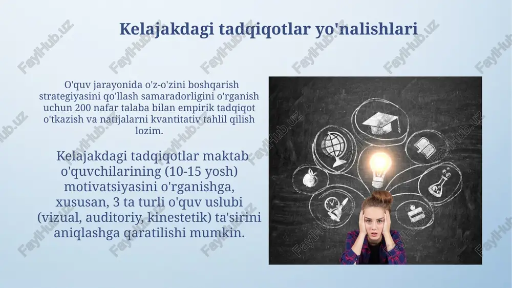 siyani oshirishga yordam beradi. virtual va kengaytirilgan haqiqat texnologiyalari (vr/ar) o'quv jarayonini 15-20% ga boyitib, murakkab tushunchalarni osonroq o'zlashtirishga imkon beradi. motivatsiyaning turlari va xususiyatlari motivatsiyaning 4 asosiy turi mavjud: ichki (o‘z-o‘zini rag‘batlantirish), tashqi (taqdirlash, mukofot), ijtimoiy (guruhlarga mansublik hissi) va kognitiv (bilimga bo‘lgan qiziqish) bo‘lib, ularning har biri o‘quv jarayoniga turlicha ta’sir ko‘rsatadi. o‘quv motivatsiyasi 3 bosqichda rivojlanadi: 1-bosqich – qiziqish uyg‘otish, 2-bosqich – maqsadlarni aniqlash, 3-bosqich – natijalarga erishish. har bir bosqich o‘ziga xos motivatsion usullarni talab qiladi. oila va maktabning hamkorligi oilaviy ta'lim va maktab dasturi o'rtasidagi uyg'unlik, ya'ni uy vazifalari hajmi va murakkabligi bo'yicha 20% ga mos kelishi, o'quvchilarning akademik stressini 10% ga kamaytiradi. maktab va ota-onalar o'rtasidagi muntazam uchrashuvlar (kamida har chorakda 2 marta) o'quv jarayoniga jalb etilganlik tuyg'usini 30% ga oshiradi va o'quvchilarning darslarga muntazam qatnashishini 12% ga yaxshilaydi. guruhiy ishlarning samaradorligi guruhiy ishlarning samaradorligini baholashda, nafaqat yakuniy natijalar, balki har bir o'quvchining hissasini …