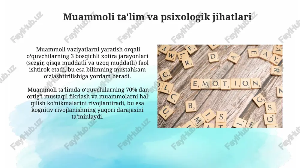 ekologik tizim nazariyasi 5 ta o'zaro bog'liq muhit – mikrosistemalar, mezosistemalar, ekzosistemalar, makrosistemalar va kronosistemalar – bolaning rivojlanishida muhim rol o'ynaydi degan fikrni ilgari suradi. ta'lim jarayonining psixologik asoslari ijtimoiy-emotsional rivojlanish, o‘quvchilarning tengdoshlari bilan muloqoti va o‘qituvchilar bilan munosabatlari ta’lim jarayonining muvaffaqiyatli amalga oshishi uchun juda muhimdir; bunday muhit o‘quvchilarning akademik ko‘rsatkichlariga 60% ga ijobiy ta’sir qiladi. ta’lim jarayonining samaradorligi o‘quvchining kognitiv rivojlanish darajasi, xususan, e’tibor (attention span) va xotira (memory capacity) kabi kognitiv funksiyalarning 70% ga bog‘liq. stress va ta'lim oʻquvchilarning 40% dan ortigʻi stressni boshqarishning samarali usullarini bilmaydi, bu esa ularning sogʻligʻiga va ta'lim samaradorligiga salbiy ta'sir koʻrsatadi. oʻquv jarayonida stressning 3 asosiy manbalari: imtihonlar, oʻqituvchilar bilan munosabatlar va tengdoshlar bosimi hisoblanadi. bu omillar oʻquvchining motivatsiyasi va xotirasini sezilarli darajada pasaytiradi. kognitiv rivojlanish nazariyalari information processing nazariyasi inson miyasini kompyuterga o'xshatib, ma'lumotni qabul qilish, qayta ishlash va saqlash jarayonlarini 3 bosqichga (sezgir, qisqa muddatli, uzoq muddatli xotira) bo'lib …