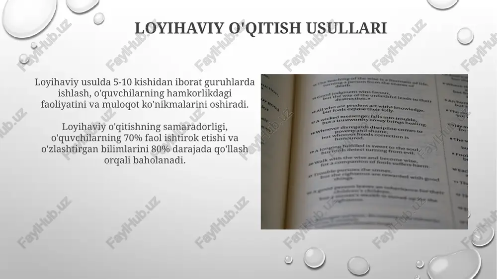 h bo'yicha tahlil qilishga yordam beradi. interaktiv o'qitish usullari talabalarning bilimlarini baholashda 360 daraja baho tizimi, ya'ni o'z-o'zini baholash, tengdoshlar baholashi va o'qituvchi baholashi kabi usullarni qo'llash interaktiv o'qitishning samaradorligini oshiradi. interaktiv doska, onlayn platformalar va simulyatorlar kabi zamonaviy texnologiyalarni qo'llash orqali 20 dan ortiq turdagi interaktiv mashqlar va topshiriqlarni amalga oshirish mumkin. amaliy o'qitish usullari laboratoriya ishlari, loyihalar, o'yinlar va rollarni o'ynash kabi 7 dan ortiq amaliy usullar talabalarning faol ishtiroki va chuqur tushunishini ta'minlaydi. amaliy o'qitishda 20% nazariya va 80% amaliyot nisbati samarali bilimlarni egallash va mustahkamlashga yordam beradi. portfel uslubi portfel usuli bilan ishlash jarayonida ta'lim jarayonining 20-25% vaqtini tashkil etishi mumkin bo'lgan mustaqil ishlarni bajarish, o'zaro hamkorlikda ishlash va muloqot ko'nikmalari rivojlanadi. portfel usuli o'quvchilarning 5-10 tadan ortiq ishlarini, masalan, insholar, rasmlar, loyihalar va boshqalarni jamlashga imkon beradi, bu esa ularning rivojlanishini kuzatish uchun asosiy manba bo'ladi. an'anaviy o'qitish usullari leksiya va tushuntirish usullari kabi an'anaviy …