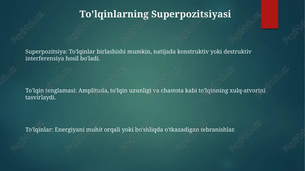 hosil qilinadi. aralashuv to'lqinlar: muhit yoki bo'shliq orqali tarqaladigan va moddani tashimasdan energiya o'tkazadigan bezovtalanish. to'lqin tenglamasi: to'lqin siljishini uning pozitsiyasi va vaqtiga bog'laydigan matematik ta'rif. to'lqinlar bir-biriga qoplanishi natijasida amplitudalar birlashishi, buning natijasida konstruktiv yoki destruktiv ta'sirlar paydo bo'ladi. to'lqin hodisalari to'lqinlar: energiyani muhit orqali yoki bo'shliqda uzatuvchi buzilishlar. to'lqin tenglamasi: to'lqin harakatini tavsiflaydigan matematik formula, siljish, vaqt va tezlikni bog'laydi. to'lqin hodisalari: akslanish, sinish, diffraksiya va interferensiya kabi to'lqin xususiyatlarini o'rganish. e'tiboringiz uchun rahmat @taqdimot_robot image1.png image2.png image3.png image4.png image5.png image6.png image7.png image8.png image9.png image10.png