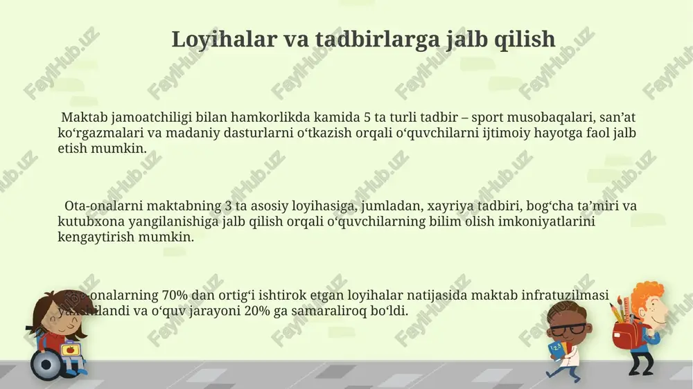 0% gacha aniqlik bilan muammolarni aniqlash mumkin. o'quvchilarning akademik ko'rsatkichlarini 20% ga oshirish uchun ota-onalar bilan birgalikda o'quv rejalarini individualizatsiya qilish va qo'shimcha mashg'ulotlarni tashkil etish bo'yicha 5 ta strategiya ishlab chiqildi. o'qituvchilar va ota-onalar o'rtasidagi muloqot onlayn platformalardan, masalan, maxsus telegram guruhlari yoki elektron kundaliklardan foydalanish, o'qituvchi va ota-onalar o'rtasidagi tezkor va samarali aloqani ta'minlab, o'quv jarayonini 15% ga yaxshilashga yordam beradi. ota-onalar bilan samarali hamkorlikni ta'minlash uchun, o'qituvchilar yillik 3 ta katta ota-onalar yig'ilishini va mavzuga oid qo'shimcha uchrashuvlarni o'tkazishi kerak, ularning mavzusi o'quvchilarning rivojlanishiga qaratilgan bo'lishi kerak. o'qituvchilarning 70% dan ortig'i ota-onalar bilan muntazam ravishda, kamida oyiga 2 marta, telefon orqali yoki elektron pochta orqali bog'lanishni afzal ko'radi, bu samarali muloqotning muhim ko'rsatkichi hisoblanadi. e'tiboringiz uchun rahmat @taqdimot_robot image1.png