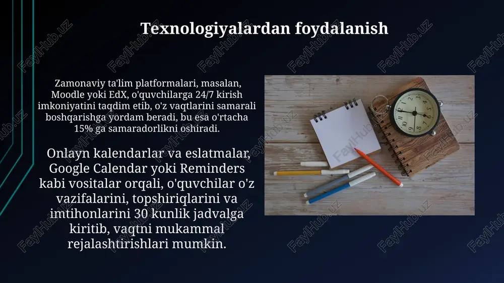 ng muhim vazifalarga ko‘proq vaqt ajrating, kam muhim vazifalarni keyinroq qoldiring yoki delegatsiya qiling. har bir topshiriq uchun real vaqt chegarasi belgilang. masalan, inshoni yozish uchun 2 soat, matematika masalasini yechish uchun 1 soat ajrating. bunday rejalashtirish vaqtni haddan tashqari sarflashning oldini oladi. distraksiyalarni boshqarish o'rganish uchun maxsus joy va vaqt ajrating. bu, atrof-muhitning ta’sirini kamaytirib, diqqatni jamlashga yordam beradi va vaqtni 15-20% samarali ishlatish imkonini beradi. distraksiyalarni kamaytirish uchun pomodoro texnikasini qo‘llang: 25 daqiqa ishlash, 5 daqiqa tanaffus, bu konsentratsiyani oshiradi va samaradorlikni 30% ga yaxshilaydi. e'tiboringiz uchun rahmat @taqdimot_robot image1.jpg image2.jpg image3.jpg image4.jpg image5.jpg image6.jpg image7.jpg image8.jpg image9.jpg image10.jpg image11.jpg