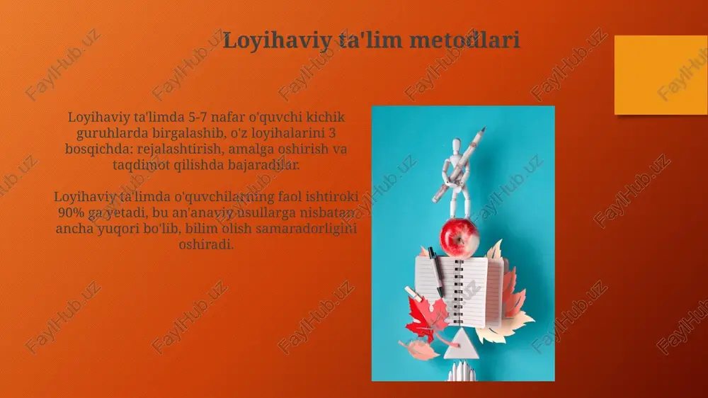 lar memorizatsiya va takrorlashga asoslangan an'anaviy usullar o'quvchilarning mustaqil fikrlash va muammo yechish ko'nikmalarini rivojlantirishda 30% kam samaradorlik ko'rsatadi. an'anaviy ta'lim metodlarida o'qituvchi markazda bo'lib, 20-30 talik guruhlarda dars berish, frontal usul va og'zaki bayon kabi texnikalar 80% dan ortiq vaqtni egallaydi. interaktiv ta'lim metodlar kamida 3 xil turdagi interaktiv mashg'ulotlarni (masalan, munozara, rollar bo'yicha o'yinlar, guruhdagi topshiriqlar) qo'llash o'quv jarayonini yanada samarali qiladi. interaktiv ta'lim metodlarida o'quvchilarning faol ishtiroki 70% dan yuqori bo'lishi, fikrlash va mulohaza yuritish qobiliyatlarini rivojlantirishga qaratilgan. ta'lim metodlarini tanlash interaktiv metodlar, masalan, muhokamada, loyihalarda, o'yinlarda ishtirok etish o'quvchilarning faol ishtiroki va 50% ga yaqin bilimlarni o'zlashtirishini ta'minlaydi. an'anaviy ma'ruzalar bilan birgalikda zamonaviy texnologiyalar (masalan, onlayn platforma va simulyatorlar) dan foydalanish o'qitish jarayonini 1,5-2 barobar tezlashtirishi mumkin. amaliy mashg'ulotlar metodlari amaliy mashgʻulotlarning 20% i mustaqil ishlarga, 60% guruhiy ishlarga, qolgan 20% esa oʻqituvchi tomonidan tushuntirishlarga ajratilishi optimal natijalarni beradi. modellashtirish, oʻyinlar va simulyatsiya kabi amaliy mashgʻulot …