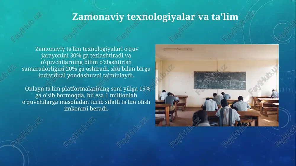 an 2030-yilga borib ta’lim muassasalarida o‘quv jarayonining samaradorligi 30% ga oshishi va talabalarning bilim darajasi sezilarli darajada yaxshilanishi kutilmoqda. kengaytirilgan reallik (ar) va virtual reallik (vr) texnologiyalari bilan birgalikda 4k modelining integratsiyasi 5 yil ichida ta’limda interaktiv va immersiv o‘quv tajribalarini yaratishga imkon beradi. 4kning vizual imkoniyatlari 4k ekranlar ranglarning keng gammasini (taxminan 1 milliard rang) taqdim etadi, bu esa biologiya, san'at yoki geografiya darslarida realistik tasvirlarni namoyish qilish imkonini beradi. 4k video kontentining yuqori aniqligi (3840 x 2160 piksel) tufayli, murakkab jarayonlarni, masalan, hujayra bo'linishi yoki fizika tajribalarini o'rganish ancha osonlashadi. 4kning turli fanlarga qo'llanilishi biologiyada 4k mikroskopiya tasvirlari hujayralar tuzilishini va biologik jarayonlarni yuqori aniqlikda (2000x gacha) ko'rsatib, o'quvchilarga chuqurroq tushunishni ta'minlaydi. 4k modelining matematikada qo'llanilishi 3d geometriya va algebraik tenglamalarni vizualizatsiya qilish imkoniyatini beradi, bu esa o'quvchilarga murakkab tushunchalarni 10 baravar tezroq o'zlashtirishga yordam beradi. e'tiboringiz uchun rahmat @taqdimot_robot image3.png image4.jpg image5.jpg image6.jpg image7.jpg image8.jpg image9.jpg image10.jpg …