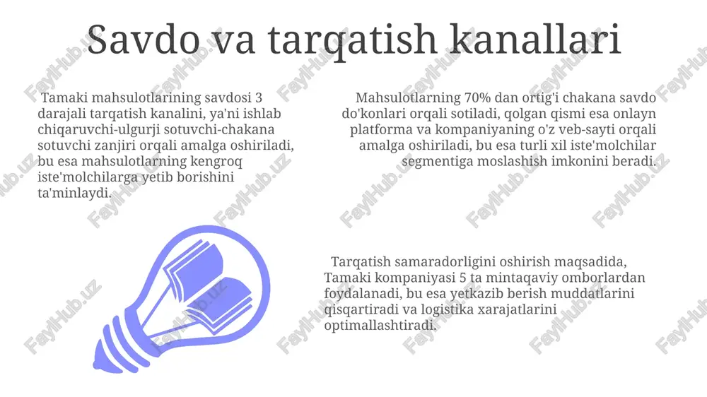 etdi, bu asosan iste'molchilarning xarid qobiliyatining oshishi va raqobatbardosh narxlar bilan bog'liq. bozor segmenti: premium segment tamaki mahsulotlari bozorining 30% dan ortig'ini egallaydi, bu segmentda yuqori sifatli va import qilingan mahsulotlar ustunlik qiladi. distribyutsiya kanallari tahlili shuni ko'rsatadiki, supermarketlar va kichik do'konlar tamaki mahsulotlari savdosining 70% dan ko'prog'ini tashkil etadi, onlayn savdo esa asta-sekin o'sishda. qonunchilik va tartibga solish o'zbekistonda tamaki mahsulotlarining chakana savdosini tartibga soluvchi 10 dan ortiq normativ-huquqiy hujjatlar mavjud bo'lib, ularning asosiy qismi import va sotishga taalluqli. tamaki savdosini litsenziyalash va soliq solish bo'yicha 2022 yilgi hisobotlarda, aktsiz solig'ining 15% gacha oshishi va noqonuniy savdoning 10% ga kamayishi kuzatilgan. tamaki mahsulotlarini qonunchilik va tartibga solish sohasida 2023 yilda 5 tadan ortiq yangi qonun loyihalari muhokama qilindi, ularning 3 tasi tamaki mahsulotlari reklamasiga ta'sir ko'rsatadi. mahsulot guruhlari va turlari tamaki mahsulotlarining 3 ta asosiy guruhi mavjud bo'lib, ularning har biri o'z ichiga 5 dan ortiq turdagi mahsulotlarni oladi …