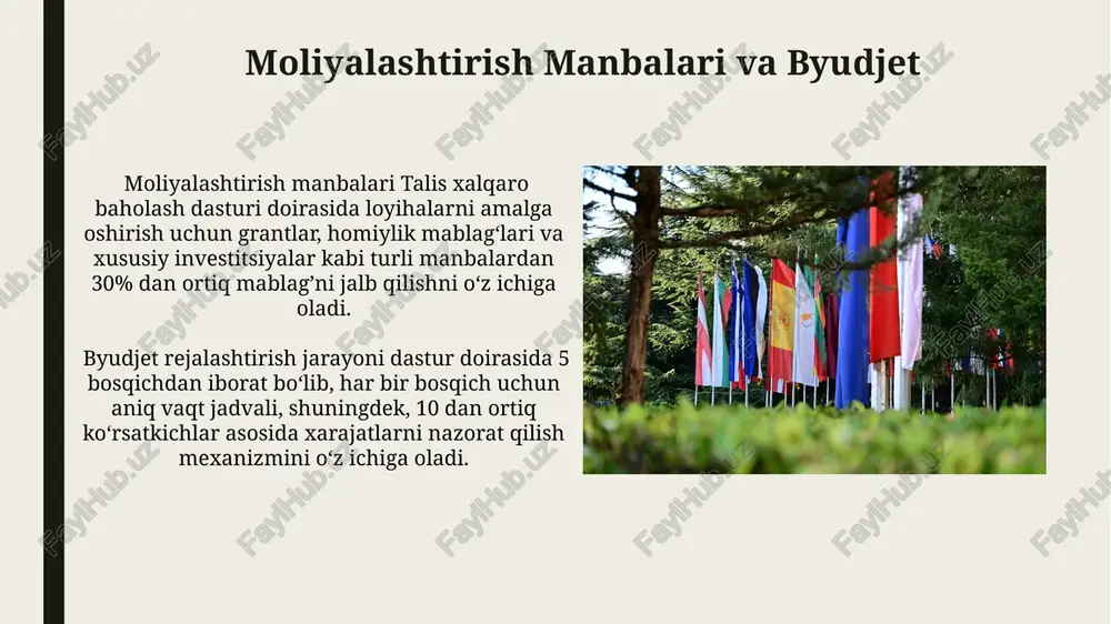 laniladi va barcha ma’lumotlar bazalari ehtiyot nusxalari yaratilgan holda 3 ta serverda saqlanadi. talis xalqaro baholash dasturining mazmuni dasturda 3 bosqichli baholash tizimi qo'llaniladi: o'zini o'zi baholash, hamkasblar tomonidan baholash va kuzatuvchi tomonidan baholash, natijalar miqdoriy va sifat jihatdan tahlil qilinadi. talis xalqaro baholash dasturi 5 ta asosiy komponentdan iborat bo'lib, ularning har biri 10 dan ortiq ko'rsatkich va mezonlarni o'z ichiga oladi, shuningdek, o'qituvchilarning malakasini baholashga qaratilgan. ma'lumotlarni yig'ish va tahlil qilish usullari talis baholash dasturida 50 dan ortiq respondentlarning fikr-mulohazalari yig'ilib, kantitativ va kvalitativ tahlil usullari, jumladan, regressiya tahlili va tematik tahlil orqali chuqur o'rganiladi. savollarning aniqligi va respondentlarning tushunishi uchun pre-testing jarayoni qo'llanilib, kamida 20 ta test respondentlarning javoblari tahlil qilinadi. tegishli qonun huquqiy bazasi baholash mezonlari va tartibi, shu jumladan, xususiy va davlat ta'lim muassasalarida qo'llaniladigan 10 dan ortiq baholash tizimlari "tegishli qonun huquqiy bazasi"da aniq tartibga solingan. davlat ta’lim standartlari, o'quv dasturlari va o'quv-uslubiy qo'llanmalarning …