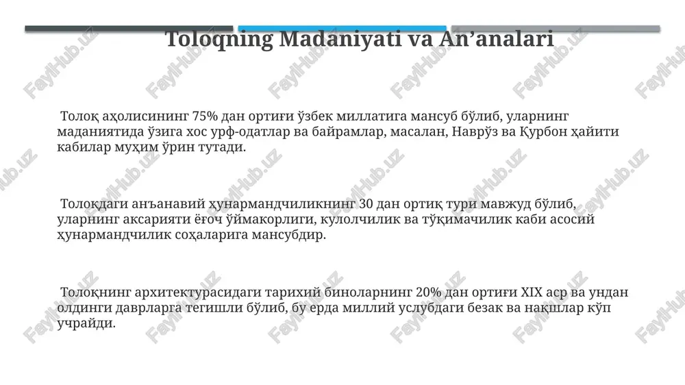 k xilma-xillik tahdid ostida. toloqning arxitekturasi va yodgorliklari toloqdagi 16-asrda qurilgan masjidning gumbazi 12 qirrali bo'lib, murakkab geometrik naqshlar bilan bezatilgan, bu uning o'ziga xos xususiyati hisoblanadi. shaharning suv ta'minoti tizimi, jumladan, ko'plab ariqlar va havzalar (taxminan 30 ta), shaharning rivojlanishida muhim rol o'ynagan va bugungi kunda ham ba'zilari saqlanib qolgan. toloqning me'moriy ansambli 15-18-asrlarga mansub bo'lib, 20 dan ortiq tarixiy obidalarni o'z ichiga oladi, bularning aksariyati madrasa, masjid va xonaqohlardan iborat. toloqning taʼlim va sogʻliqni saqlash tizimi toloq tumanidagi aholining 85% ga yaqini sog'liqni saqlash xizmatlariga qulaylik bilan etisha oladi, ammo mutaxassislar etishmovchiligi kuzatiladi. sog'liqni saqlash tizimidagi elektron tibbiyot dasturlarining joriy etilishi 15% ga yaqin samaradorlikni oshirgan. toloqdagi 20 dan ortiq maktablarning 70% dan ko'pi maktabgacha ta'lim muassasalari bilan integratsiyalangan. toloqning iqtisodiyoti va sanoati tuman byudjetining 40% dan ortig'i sanoat va xizmat ko'rsatish sohalaridan olinadigan soliq tushumlarini tashkil etadi, bu yanada iqtisodiy rivojlanish uchun imkoniyat yaratadi. toloqdagi kichik va …