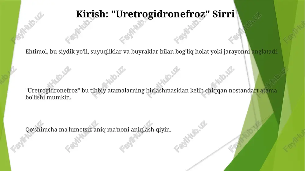 va buyraklarga oid tibbiy atamalarning birikmasidir. bu tana a'zolari bilan bog'liq holat yoki jarayonni anglatishi mumkin. qo'shimcha kontekstsiz, aniq ma'noni aniqlash qiyin. standart ta'rifning yetishmasligi: kontekstning ahamiyati "uretrogidronefroz" ingliz tilida standart so'z emas. ehtimol, bu siydik yo'li, suyuqliklar va buyraklar bilan bog'liq tibbiy atamalar birikmasi. qo'shimcha kontekstsiz, uning ma'nosi noaniq. tibbiy terminologiya: boshlang'ich ehtimol "uretro" (siydik yo'li), "gidro" (suv/suyuqlik) va "nefroz" (buyrak) so'zlarini birlashtiradi. uretrogidronefroz nostandart tibbiy atama hisoblanadi. bu tananing qismlarini o'z ichiga olgan holat yoki protseduraga ishora qilishi mumkin, lekin aniq tarjima uchun qo'shimcha kontekst kerak. e'tiboringiz uchun rahmat @taqdimot_robot