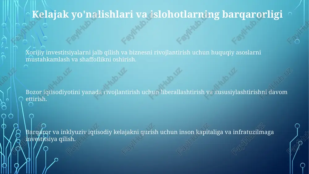 iga o'tish va davlat mulkida bo'lgan korxonalarni xususiylashtirishga qaratilgan iqtisodiy islohotlar. qishloq xo'jaligini kollektivlashtirish va iqtisodiyotga davlat nazorati o'zbekistonning islohdan oldingi davrini boshqargan. xususiy mulk huquqining rivojlanishi va bozor munosabatlarining shakllanishi bu o'tishning muhim jihatlari edi. mehnat bozori dinamikasi va ish imkoniyatlari xususiy mulk huquqlari va bozor munosabatlarining rivojlanishi davom etmoqda. mehnat bozori dinamikasi ko'proq moslashuvchan va malakali ishchi kuchiga qarab o'zgarib bormoqda. iqtisodiy islohotlar ochiq va raqobatbardosh bozor iqtisodiyotini yaratishga qaratilgan. hududiy rivojlanish va hududiy tengsizlik o'zbekistonda mintaqaviy rivojlanish tarixan notekis bo'lib, bu hududiy tengsizlikka olib keldi. iqtisodiy islohotlar bu muvozanatsizlikni bartaraf etish maqsadida xususiy mulk huquqlarini va bozor munosabatlarini rivojlantirishga qaratilgan. xususiy mulk va bozor munosabatlarini rivojlantirish o‘zbekiston iqtisodiy islohotlar dasturining muhim qismidir. sanoat o'sishi va diversifikatsiyasiga ta'siri xususiy mulk rivojlanishi: xavfsiz xususiy mulk huquqlari investitsiyalarni rag'batlantirdi va biznes o'sishini osonlashtirdi, bu umumiy iqtisodiy rivojlanishga hissa qo'shdi. sanoatning o'sishi va diversifikatsiyasi: xususiy mulkchilik va bozor raqobatining kuchayishi yangi …