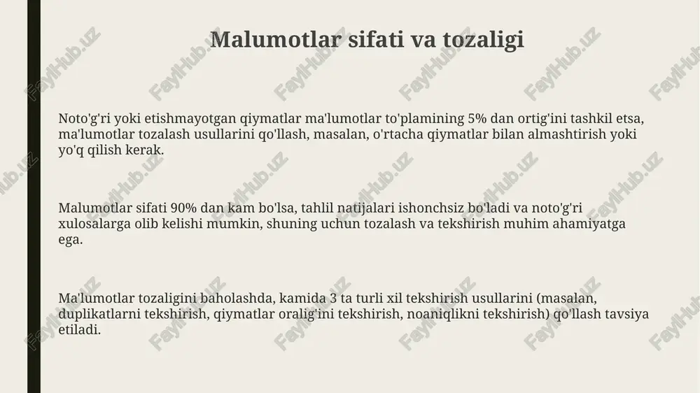 rat) testi orqali 20 ta kuzatish bilan o'tkazilgan mustaqillik tekshiruvida p-qiymati <0.05 bo'lsa, nol-gipotezani rad etish va ikki o'zgaruvchi o'rtasida statistik jihatdan ahamiyatli bog'liqlik borligini tasdiqlash mumkin. statistik tahlil jarayonida ma'lumotlarning normal taqsimlanishiga ega bo'lishi, ya'ni o'rtacha qiymati atrofida simmetrik tarqalishi 95% ishonch oralig'ida muhim ahamiyatga ega. regressiya tahlilida r-kvadrat koeffitsienti 0.7 dan yuqori bo'lsa, mustaqil va bog'liq o'zgaruvchilar o'rtasidagi bog'liqlik kuchli deb hisoblanadi va modelning aniqligini ko'rsatadi. muhim parametrlarni aniqlash muhim parametrlarni aniqlashda, kamida 3 ta asosiy omilni – narx, sifat va funksiyalarni – tahlil qilish kerak, ularning har biri 1 dan 5 gacha ball bilan baholanadi. parametrlarni tanlash jarayonida, xatolik chegarasi ±5% dan oshmasligi va aniqlik darajasi 95% dan kam bo'lmasligi kerak, bu esa natijalar ishonchliligini ta'minlaydi. ma'lumotlar bazasidan 1000 dan ortiq ma'lumotlar to'plami tahlil qilingandan so'ng, optimal parametrlarni aniqlash uchun statistik usullar va regressiya tahlili qo'llanilishi mumkin. natijalarni talqin qilish p-qiymati (p-value) < 0.05 bo'lsa, natijalar statistik …