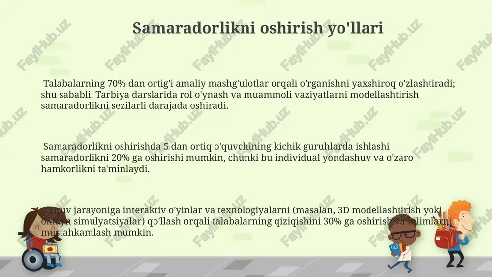 asosiy qahramon obrazidan foydalanish samarali. jamoaviy ishlar va loyihalar talabalar o'rtasida 2-3 ta jamoaviy taqdimotlarni tayyorlash va himoya qilish orqali o'zaro hurmat, muloqot va natijaga erishishga intilish kabi ijtimoiy-axloqiy fazilatlarni rivojlantirish mumkin. “jamoaviy ishlar” metodikasi 3-4 ta turli xil vazifalarni bajarish orqali talabalarda tafakkurning egiluvchanligi va ijodiy yondashuvni shakllantirishga yordam beradi. jamoaviy loyihalar orqali talabalarda 5-7 kishilik guruhlarda hamkorlik ko‘nikmalari, mas’uliyatni taqsimlash va muammo yechish qobiliyatlarini rivojlantirish mumkin. muloqot va suhbat usullari muloqot va suhbat jarayonida 70/30 qoidasidan foydalanish tavsiya etiladi: talabalar 70% vaqt davomida gapirishsa, o‘qituvchi ularni 30% kuzatadi va yo‘naltiradi. muloqot va suhbat usullarida 3 dan ortiq talaba bilan bir vaqtda individual yondashuvni ta’minlash qiyin bo‘lishi mumkin, shuning uchun kichik guruhlarda (3-5 kishi) ishlash samaradorligini oshiradi. samarali suhbat uchun kamida 2 ta muhim omilni hisobga olish kerak: faol tinglash va ochiq savollardan foydalanish, bu talabalarning fikrlarini chuqurroq anglashga yordam beradi. o'rnak ko'rsatish usuli pedagogik mahoratning 20% i o'qituvchining …