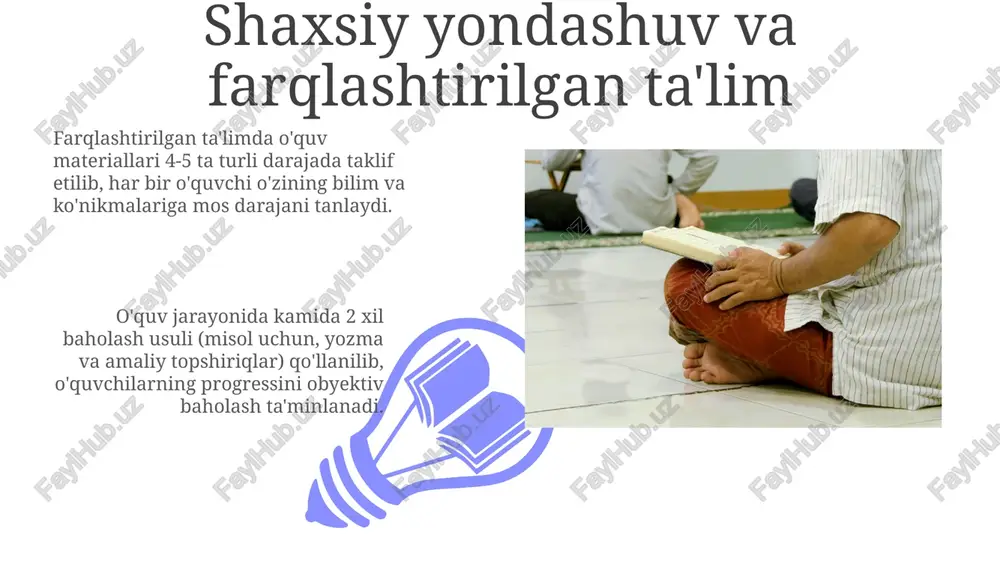 petensiya va 4 ta asosiy tarbiyaviy yo'nalishni o'z ichiga oladi. ta'lim treninglari 3 bosqichdan iborat bo'lib, har bir bosqichda 5-7 ta amaliy mashqlar, 2-3 ta nazariy ma'ruza va guruhdagi muhokamalar o'tkaziladi. tarbiya samaradorligini oshirish yo'llari o'quv rejasiga individual yondashuvni ta'minlash orqali, har bir o'quvchining ehtiyojlarini hisobga olgan holda kamida 10 ta turli o'quv uslublarini qo'llash tarbiya samaradorligini sezilarli darajada yaxshilaydi. tarbiya samaradorligini oshirishda o'quvchilarning 50% dan ortig'ini qamrab oluvchi interaktiv metodlar va zamonaviy texnologiyalarni qo'llash, ta'lim jarayonini yanada qiziqarli va samarali qiladi. ota-onalar bilan hamkorlik ota-onalarning farzand tarbiyasi borasidagi tajribalarini o'rganish va ularning 50% dan ortig'i qo'llab-quvvatlaydigan tarbiya usullarini aniqlash orqali, ta'lim dasturini yanada samarali qilish mumkin. bolalarning o'qishdagi muvaffaqiyatlarini kuzatish va ota-onalar bilan individual (kamida 15 daqiqa) suhbatlar o'tkazish orqali, individual yondashuv asosida muammolarni hal qilishga erishish mumkin. e'tiboringiz uchun rahmat @taqdimot_robot image4.jpg image5.jpg image6.jpg image7.jpg image8.jpg image9.jpg image10.jpg image11.jpg image12.jpg image13.jpg image14.jpg image1.jpeg image2.jpeg image3.jpeg