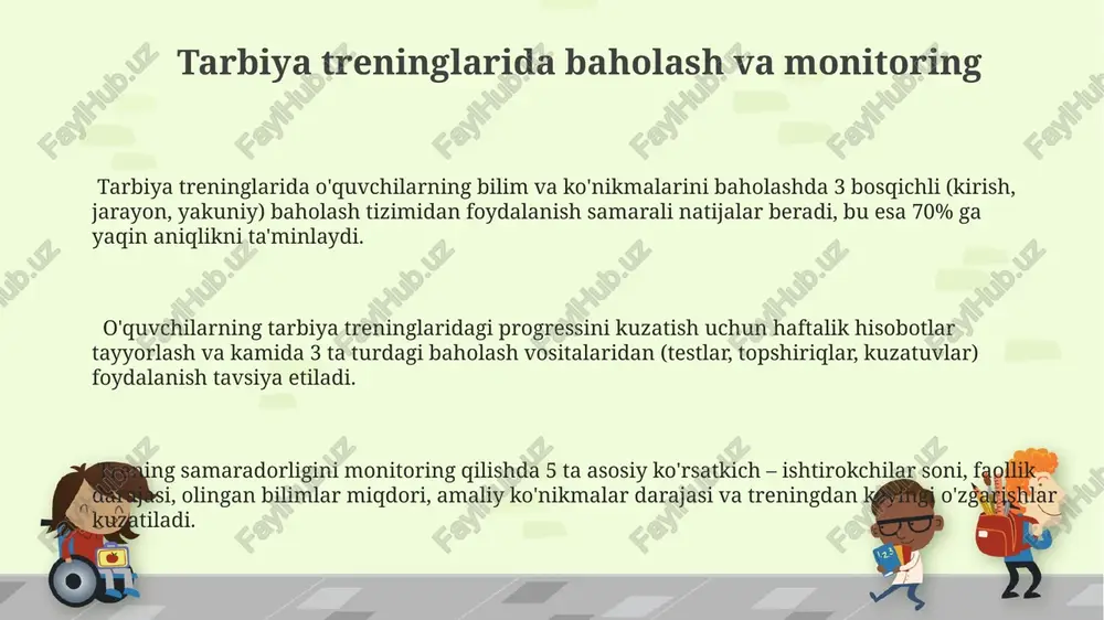 ligi 30% ga oshiriladi. tarbiya ta'limi treninglarining mazmuni treninglar davomida 7 yoshdan 17 yoshgacha bo'lgan o'quvchilar uchun moslashtirilgan o'yinlar, rollarni o'ynash va muhokamalar orqali 10 dan ortiq amaliy ko'nikmalar o'rgatiladi. tarbiya ta'limi treninglari 3 ta asosiy modulni o'z ichiga oladi: axloqiy tarbiya (5 ta mavzu), ijtimoiy moslashuv (4 ta amaliy mashq) va o'z-o'zini rivojlantirish (3 ta individual topshiriq) bo'yicha. samaradorlikni oshirish uchun har bir modul yakunida ishtirokchilarning bilim va ko'nikmalarini baholash uchun 2 ta test va 3 ta kuzatuv usuli qo'llaniladi. e'tiboringiz uchun rahmat @taqdimot_robot image1.png