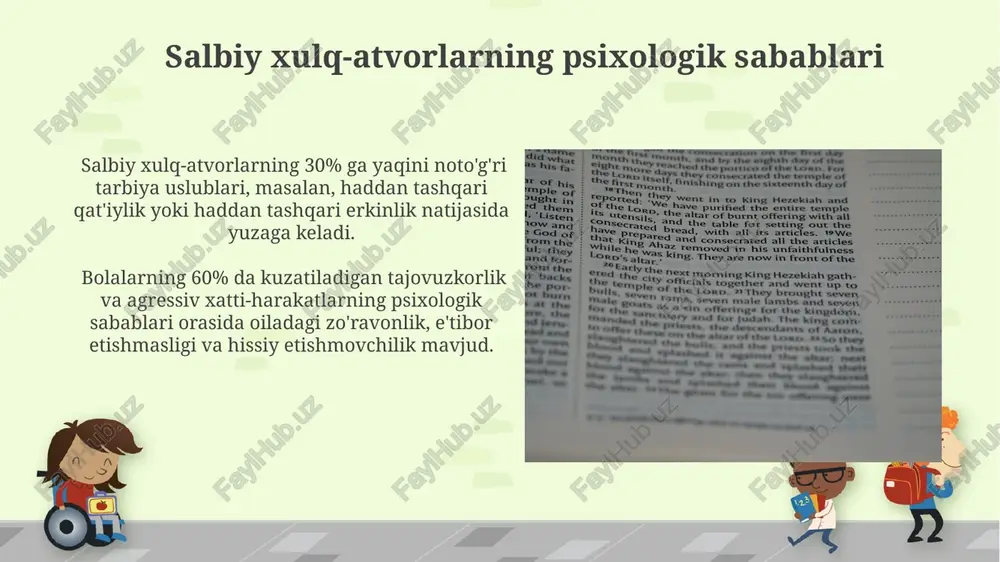, mustaqillik, manaviyat) qondirishga qaratilgan psixologik usullar samaradorligini oshirish muhim ahamiyat kasb etadi. ijtimoiy-psixologik moslashuvni ta’minlash maqsadida, maktab tarbiyasi jarayonida kamida 3 xil turdagi o‘yinlar va 2 xil turdagi guruhli mashg‘ulotlar qo‘llanilishi tavsiya etiladi. tarbiya usullarining psixologik xususiyatlari muvaffaqiyatli tarbiya uchun 5 ta asosiy psixologik omil: o'z-o'zini hurmat qilish, motivatsiya, ijtimoiy ko'nikmalar, emotsional aql va salbiy tajribalarni boshqarish hisoblanadi. tarbiya usullarining samaradorligi, 70% hollarda, bolaning individual psixologik xususiyatlari – temperament, qobiliyatlari va motivatsiyasi bilan bogʻliqdir. oilaviy tarbiyaning psixologik jihatlari oilada qo'llaniladigan jazolarning 2 turi (jismoniy va ruhiy) bolaning o'ziga bo'lgan ishonchini pasaytirib, xulq-atvorining buzilishiga olib kelishi mumkin. oilaviy tarbiyada 5 yoshgacha bo'lgan bolalarda ijobiy munosabatlarni shakllantirishga katta e'tibor qaratiladi, bu esa ularning ijtimoiy-emotsional rivojlanishiga 30% ta'sir ko'rsatadi. tarbiya tushunchasi va uning psixologik asoslari tarbiyaning 3ta asosiy yo'nalishi – axloqiy, intellektual va ijtimoiy-emotsional rivojlanishni o'z ichiga oladi, bularning har biri o'ziga xos psixololgik mexanizmlarga asoslangan. tarbiya jarayonida mukofot va jazo mexanizmlarini …