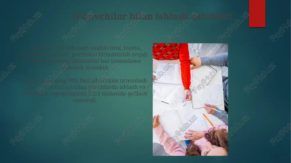 ydalanib, shaxsiylashtirilgan qo'shimcha ta'lim dasturlarini ishlab chiqish mumkin. qo'shimcha ta'lim faoliyatini amalga oshirishda kamida 3 ta turli uslublardan (masalan, individual, guruh, onlayn) foydalanish o'quvchilarning turli o'rganish uslublariga moslashishni ta'minlaydi va natijada 20% ga yuqori samaradorlikka erishiladi. o'quv jarayonini takomillashtirish o'quv natijalarini baholashda kamida 3 xil usul (testlar, topshiriqlar, loyihalar) qo'llanilishi o'quv jarayonining sifati va samaradorligini 15% ga yaxshilashga yordam beradi. o'quv jarayonini takomillashtirish uchun 5 dan ortiq o'quv resurslaridan (interfaol doskalar, onlayn platformalar, qo'llanmalar) foydalanish samaradorligini 20% ga oshirishga olib keladi. o'quv yilining vazifalari o'qituvchilarning kasbiy malakasini oshirish uchun 2 ta seminar va 1 ta treningda ishtirok etish, shuningdek, 5 ta professional adabiyotlarni o'rganish belgilangan. o'quv yili davomida kamida 5 ta yangi innovatsion pedagogik texnologiyalarni qo'llash va ularning samaradorligini baholash bo'yicha 3 bosqichli monitoring o'tkazish rejalashtirilgan. o'qituvchining shaxsiy ish rejasining maqsadi ushbu reja yordamida o'qituvchi o'zining professional rivojlanishi uchun aniq yo'nalishlarni belgilaydi, o'quv yili davomida 20 ta yangi dars ishlanmalarini …
