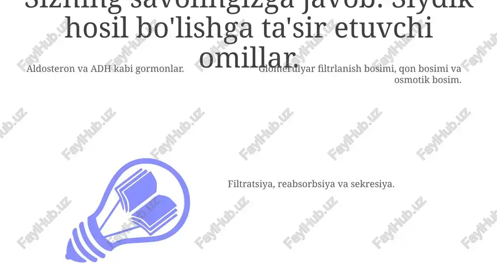rtiqcha suvni o'z ichiga olgan siydik hosil qiladi. distal tubula va yig'ish naychasi 01 02 03 distal naycha filtrning tarkibini nozik tarzda sozlaydi, suv va ionlarni qayta so'rib oladi. suv qayta so'rilishini adh kabi gormonlar tartibga soladi, bu to'g'ri hidratsiyani ta'minlaydi. yig'uvchi kanal tananing ehtiyojiga qarab oxirgi siydik hajm va konsentratsiyasini sozlaydi. sales 1st qtr 2nd qtr 100 0 sales 1st qtr 2nd qtr 100 0 sales 1st qtr 2nd qtr 100 0 yaqin naychada qayta so'rilishi glomerulda qonni filtrlash, filtr hosil qilish. filtratdan qon tomirlariga suv va erigan moddalarni qayta so'rilishi. suv, glyukoza, aminokislotalar va elektrolitlarni qayta so'rilish. siydik hosil bo'lishini buzuvchi kasalliklar siydik hosil bo'lishini buzuvchi kasalliklar suyuqlik va elektrolitlar muvozanatini buzib, shish, suvsizlanish va qon bosimining o'zgarishi kabi alomatlarga olib kelishi mumkin. buyrak toshlari, siydik yo'llari infektsiyalari va buyrak yetishmovchiligi kabi buzilish turlarining har biri siydikni samarali shakllantirish va chiqarish qobiliyatiga ta'sir qiladi. buyrak toshlari, siydik yo'llari …
