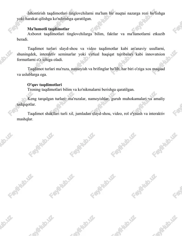 ntatsiya turlarini, jumladan informatsion, ishontirish va ko'ngil ochuvchi prezentatsiyalarni batafsil tahlil qiladi. 2