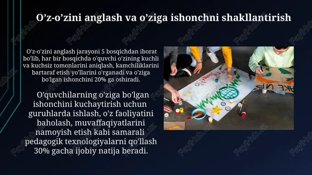 bu esa insonparvarlikni mustahkamlaydi. empatiya va hamjihatlikni tarbiyalash hamjihatlikni shakllantirishda guruhiy loyihalar, jamoaviy o'yinlar va muammolarni birgalikda hal qilish kabi 3 ta asosiy pedagogik usulning ahamiyati katta. empatiya rivojlanishi uchun 5 yoshdan 10 yoshgacha bo'lgan bolalarga ijtimoiy-emotsional ko'nikmalarni o'rgatish dasturlari samaradorligini ko'rsatuvchi 70% dan yuqori natijalar kuzatilgan. insonparvarlikning mohiyati insonparvarlikning mohiyati inson huquqlariga hurmat, adolat va tenglik tamoyillariga asoslangan 5 ta asosiy qiymatga ega bo'lib, ular shaxsning o'ziga xosligini hurmat qilishni o'z ichiga oladi. insonparvarlik, ijtimoiy adolat va insoniylikka yo'naltirilgan 3 ta asosiy pedagogik yondashuvlarni qo'llab-quvvatlaydi va o'quvchilarning empatiyasi va ijtimoiy mas'uliyatini rivojlantirishga qaratilgan. barqaror rivojlanish va insonparvarlik o'zbekistonda 2022-yilda amalga oshirilgan ta'lim islohotlari insonparvarlik tamoyillarini qo'llab-quvvatlashga qaratilgan 30 dan ortiq yangi dasturlarni o'z ichiga olgan. barqaror rivojlanish maqsadlari (sdgs)ning 4 va 17-bandlari insonparvarlik tamoyillarini, jumladan, ta'lim orqali teng imkoniyatlarni ta'minlash va hamkorlikni kuchaytirishni qo'llab-quvvatlaydi. e'tiboringiz uchun rahmat @taqdimot_robot image1.jpg image2.jpg image3.jpg image4.jpg image5.jpg image6.jpg image7.jpg image8.jpg image9.jpg image10.jpg image11.jpg