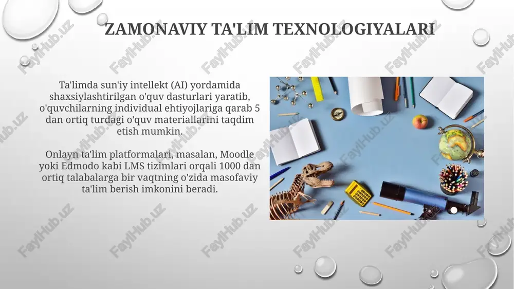 ligini oshiradi. inklyuziv ta'lim yondashuvi 5-10 yoshli bolalar uchun o'yinlar orqali o'rganishni, individual ehtiyojlarini inobatga olgan holda, kamida 3 xil o'quv uslubini qo'llashni nazarda tutadi. onlayn ta'lim vositalari onlayn platforma orqali o'tkazilgan testlar va sinovlar natijalarini tahlil qilish, o'quv jarayonini 15% ga samaradorligini oshirishga imkon beradi. virtual reallik (vr) texnologiyalari 2025 yilga kelib ta'lim sohasida keng qo'llanila boshlashi va o'quv jarayonini sezilarli darajada boyitishi kutilmoqda. e'tiboringiz uchun rahmat @taqdimot_robot image3.png image4.jpg image5.jpg image6.jpg image7.jpg image8.jpg image9.jpg image10.jpg image11.jpg image12.jpg image13.jpg image14.jpg image15.jpg image1.png