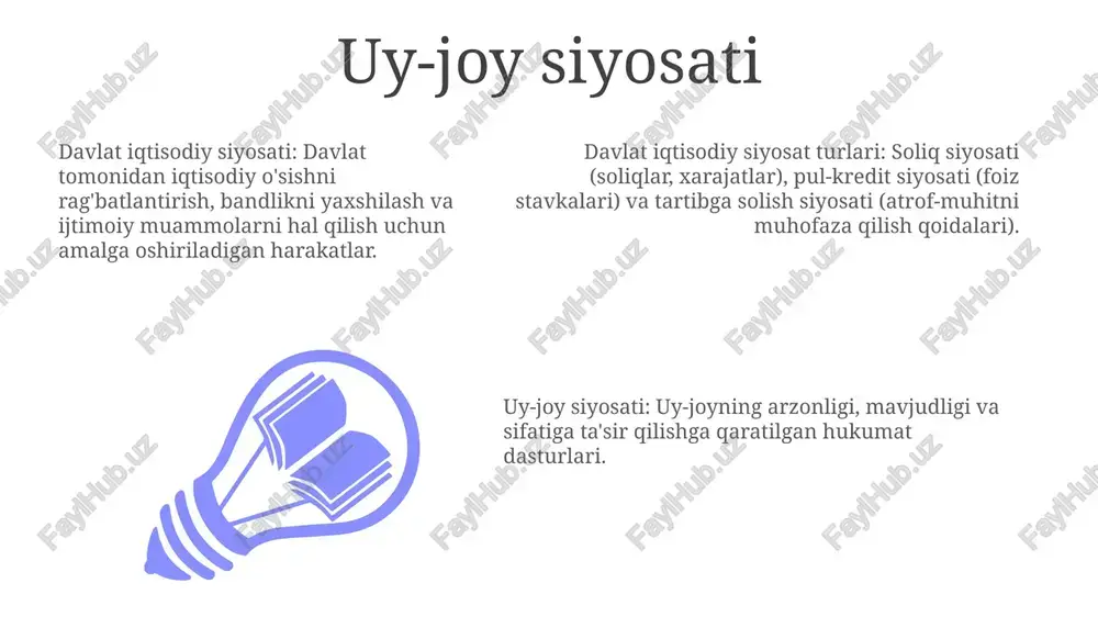 tirish va to'lov balansini sog'lom saqlashga qaratilgan. davlat iqtisodiy siyosat turlari: iqtisodiy faoliyatga ta'sir ko'rsatadigan fiskal siyosat (davlat xarajatlari va soliqlar) va pul-kredit siyosati (foiz stavkalari va pul massasi). ta'lim va ko'nikmalar siyosati davlat iqtisodiy siyosati: bizneslarni jalb qilish, ish o'rinlari yaratish va davlatning umumiy iqtisodiy farovonligini yaxshilashga qaratilgan. davlat iqtisodiy siyosat turlari: o'sishni rag'batlantirish strategiyalari, masalan, soliq imtiyozlari, infratuzilma investitsiyalari va ishchi kuchi rivojlantirish dasturlarini o'z ichiga oladi. ta'lim va ko'nikmalar siyosati: trening, ta'lim va shogirdlik dasturlari orqali malakali ishchi kuchini rivojlantirishga qaratilgan. moliyaviy siyosat add text add text add text add text add text add text pul siyosati: markaziy bankning pul massasini va foiz stavkalarini boshqarish boʻyicha harakatlari. moliyaviy siyosat: hukumatning iqtisodiyotga ta'sir o'tkazish uchun sarf-xarajatlar, soliqlar va qarzlarni qo'llash usuli. ta'minot tomoni siyosati: ishlab chiqarish va iqtisodiy o'sishni oshirishga qaratilgan siyosatlar, ko'pincha soliqlarni kamaytirish yoki tartibga solishni yengillashtirish orqali. innovatsiya va texnologiya siyosati 01 02 03 innovatsiya …