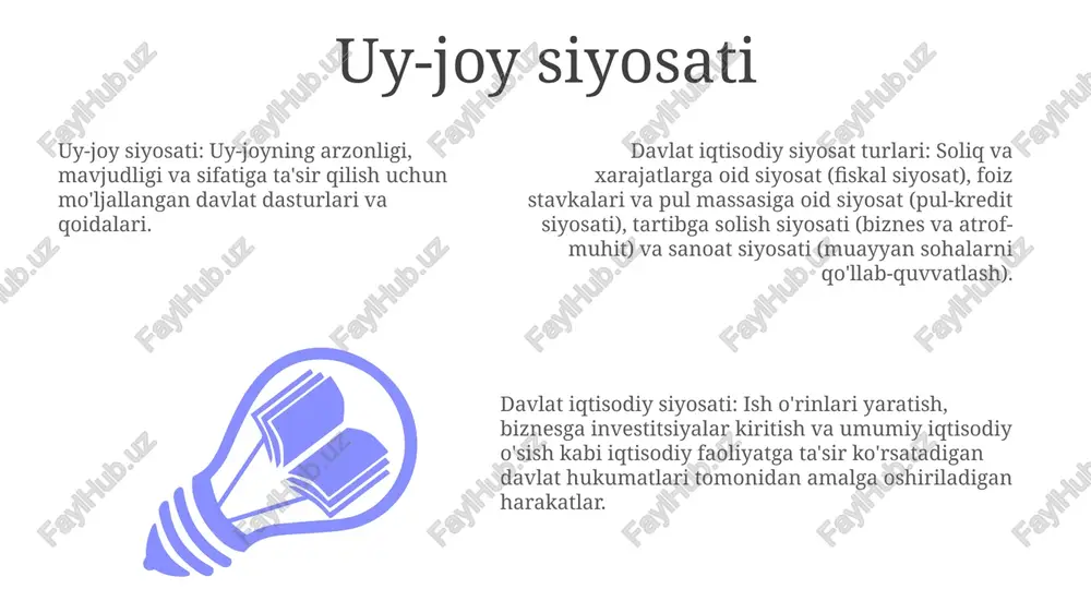 iqtisodiy siyosatining turli xil turlari orasida sanoat siyosati (muayyan tarmoqlarni qo'llab-quvvatlash), innovatsion siyosat (texnologik taraqqiyotni rag'batlantirish) va ekologik siyosat (ekologik muammolarni hal qilish) kiradi. savdo siyosati mamlakatlar o'rtasida tovarlar va xizmatlar oqimini tartibga soladi, ko'pincha mahalliy sanoatni himoya qilish yoki eksportni rag'batlantirishni maqsad qiladi. investitsiya siyosati investitsiya siyosati: chet el kapitalini jalb qilish va ichki o'sishni rag'batlantirishni o'z ichiga olgan investitsiya qarorlarini boshqaradi. pul siyosati: markaziy bankning inflyatsiyani nazorat qilish va iqtisodiy faoliyatni rag'batlantirish uchun foiz stavkalari va pul massasini boshqarish bo'yicha harakatlari. byudjet siyosati: soliqlar, xarajatlar va qarz olish orqali iqtisodiyotga ta'sir ko'rsatadigan hukumat harakatlari. sanoat siyosati add text add text add text add text add text add text sanoat siyosati: davlatning sanoat rivojini shakllantirish boʻyicha strategiyalari, koʻpincha ragʻbatlar, qoidalar yoki investitsiyalar orqali. davlat iqtisodiy siyosati maqsadi: iqtisodiy barqarorlik, o'sish va bandlikni ta'minlash. davlat iqtisodiy siyosati turlari: soliq-byudjet siyosati (davlat xarajatlari va soliqlar), pul-kredit siyosati (markaziy bank harakatlari) va …