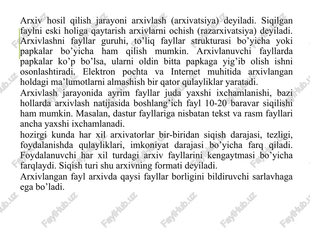 chun barcha oldinroqda turganlari tekshirib chiqiladi, agar ulardan birortasi buzilgan bo’lsa, u xolda arxivdan umuman chiqarib bo’lmaydi; bunday arxivlash usulidan quyidagi xollarda foydalangan maqsadga muvofiq: arxivni kamdan-kam yangilansa; arxivdagi fayllardan bir yoki bir nechtasini tez-tez chiqarib turish zarurati bo’lmasa; zichlash samaradorligi zichlash tezligidan muhimroq bo’lsa. bu arxivlovchi dastur xar ikkala formatda xam, kompyuterda winrar arxivatori bo’lmasa xam o’zini-o’zi ocha oladigan sfx ko’rinishidagi .exe kengaytmali arxiv fayllari yaratish imkonini beradi. shuning uchun uni to’g’ridan-to’g’ri ishga tushirish orqali ochish mumkin. bu xolda barcha fayllar arxivdan chiqadi. bundan tashqari arxivlangan fayllarni parolg’ bilan himoyalab qo’yish, fizik buzilgan fayllarni qayta tiklash va boshqa ko’pgina amallarni bajarish imkonini yaratib beradi. winrar ni ishga tushirish uchun bir necha usullar mavjud bo’lib, ulardan biri bosh menyu orqali ikkinchisi kontekst menyusi orqalidir. ularni xar birini aloxida ko’rib chiqamiz. bosh menyu orqali: “pusk”ga kirib “vse programmq (yoki programm)” bo’limini tanlaymiz, ochilgan ost menyudan “winrar” bo’limini tanlaymiz so’ngra winrar ni …
