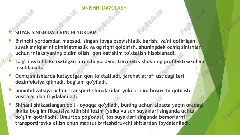maxsus sim-spitsa mahalliy anasteziya yordamida suyakdan o’tkazilib, undan tortiladi skeletdan tortish usuli bilaklar suyagi singanda, barmoqlar suyagi shikastlanganda qo’llanilmaydi yoki kam qo’llaniladi. skelet tortish usulida keraklicha og’irlik osish mumkin, yonbosh siljishlarida uzunasiga tortish o’z natijasini bermasa, qoʻsh imcha yon tomondan tortiladi. bu usul suyak siniqlarini uzoq vaqt, suyak konsolidatsiya bo’lgunicha, ularni o’z o’rnidan siljitmasclan ushlab terishga imkon beradi sinishlarni operativ davolash operatsiya davomida bir fursatda repozitsiya hamda suyak siniqlari fiksatsiya qilinadi. singan suyaklarni xirurgik yo'l bilan davolash kadimdan ma'lum bo'lsada, unda kuzatilgan mahalliy yiringlash, sepsis, osteomiyelit uzoq vaqtlargacha to'xtatib turadi. aseptika, antiseptikaning keng ko'llanilishi keyinchalik operativ davolashga yo'l ochib berdi. operativ davolashga ko'rsatma absolut va nisbiy bo'ladi. absolut ko'rsatmalar quyidagilar: suyak sinishi bilan katta qon tomirlari, nerv tolalari, bosh va orka miya, ichki organlar shikastlanishi mavjud bo'lsa. nisbiy ko'rsatmaga quyidagilar kiradi: yangi singan suyaklarda: 1. ochiq sinish. 2. mayda parchalanib sinish. 3. uzib olinishi natijasida suyak siniqlarining uzoqlashishi. 4. singan …