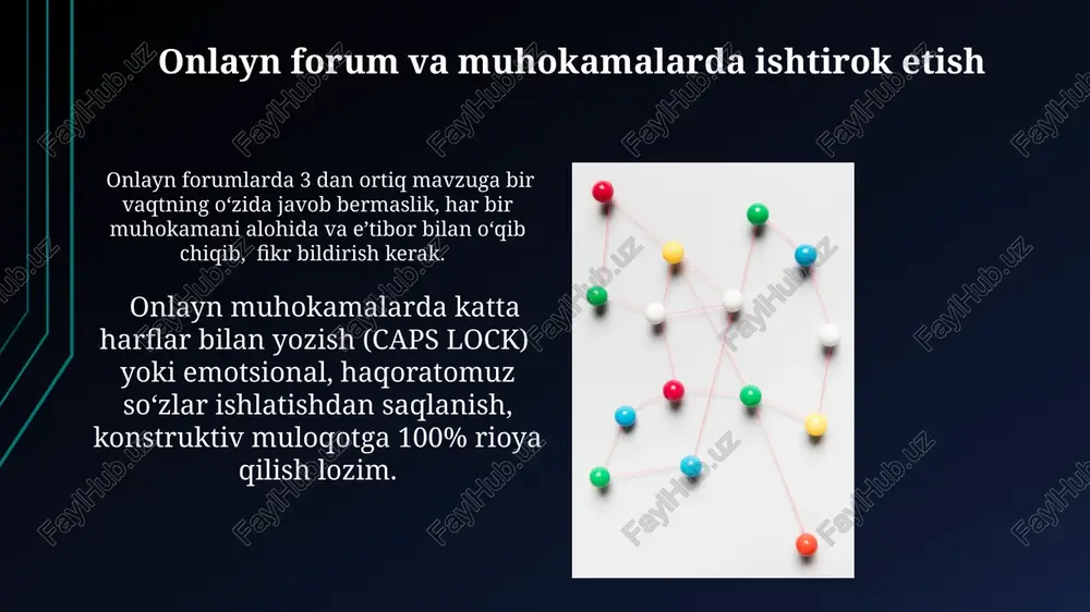 slik muhim. onlayn tarmoqlarda shaxsiy ma'lumotlaringizni himoya qiling, 12 yoshdan kichik bolalar bilan onlayn muloqot qilishda ehtiyot bo'ling va tasvirlarni ruxsatsiz yuklamang. kiberxavfsizlik va shaxsiy xavfsizlik shaxsiy ma'lumotlaringizni himoya qilish uchun kuchli, 12 tadan ortiq simvoldan iborat va turli xil turdagi belgilardan (katta va kichik harflar, raqamlar, maxsus belgilar) tashkil topgan parollardan foydalaning. jamoat wi-fi tarmoqlaridan foydalanganda vpn (virtual private network) dan foydalanish orqali ma'lumotlaringizni shifrlang va 3-tomonlar tomonidan kuzatilishini oldin oling. ijtimoiy tarmoqlarda muloqot ijtimoiy tarmoqlarda 150 dan ortiq belgidan iborat xabarlarni yozishdan saqlaning, chunki bu o'quvchilarning e'tiborini jalb qilishni qiyinlashtiradi va ma'lumotni tushunishni murakkablashtiradi. do'stlaringiz va tanishlaringiz bilan onlayn muloqotda kamida 3 marta gapirishdan oldin, yozganlaringizni qayta o'qing, bu noxush vaziyatlardan qochishga yordam beradi. e'tiboringiz uchun rahmat @taqdimot_robot image1.jpg image2.jpg image3.jpg image4.jpg image5.jpg image6.jpg image7.jpg image8.jpg image9.jpg image10.jpg image11.jpg image12.jpg